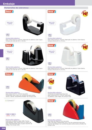 266
Embalaje
Portarrollos plástico
Para cintas de 33 m x 19 mm de ancho.
Portarrollos rojo y azul, con cuchilla lisa para cortes
rectos y fáciles. Sumamente estable. No incluye cinta.
CÓD.
27223
REF.
57123
Portarrollos plástico
Para cintas de 33 m x 19 mm. Fabricado en plástico. Color negro.
Incluye una cinta de 33 m x 19 mm.
Portarrollos plástico
Fabricado en plástico negro ABS. Formas
redondeadas. Para cintas de 33 m y 66 m de
largo. Recomendado para un gran volumen de
trabajo. No incluye cinta.
CÓD. REF.
26149 KF11010
REF.
73887
REF.
73888
Portarrollos plástico
Para cintas de 33 m x 19 mm. Fabricado en plástico. Color blanco.
Incluye cinta de 33 m x 19 mm.
Portarrollos plástico
Portarrollo de sobremesa Easy Cut,
para cintas de 33 m x 19 mm. Fabricado
en plástico. Color negro. No incluye cinta.
Portarrollos de sobremesa
CÓD.
27222
Portarrollos plástico
Para rollos de hasta 25 mm de ancho
y 66 m de largo. Dispensador rojo y azul de sobremesa para gran
volumen de trabajo, con cuchilla lisa para cortes rectos y fáciles. No
incluye cinta.
INCLUYE
1 CINTA
INCLUYE
1 CINTA
REF.
57124
Portarrollos plástico
Para cintas de 33 m x 19 mm. Fabricado en plástico. Color negro.
Incluye una cinta de 33 m x 19 mm.
REF.
73886
Portarrollos plástico
Para cintas de 33 m x 19 mm. Fabricado en plástico. Color blanco.
Incluye cinta de 33 m x 19 mm.
INCLUYE
1 CINTA
INCLUYE
1 CINTA
 