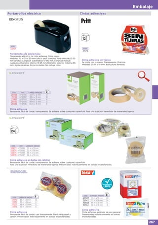 Embalaje
267
Cinta adhesiva en bolsa de celofán
Resistente, fácil de cortar, transparente. Se adhiere sobre cualquier superficie.
Para una sujeción inmediata de materiales ligeros. Presentadas individualmente en bolsas encelofanadas.
CÓD. REF. LARGO X ANCHO
52673 KF15086 33 m x 12 mm
52674 KF15085 33 m x 19 mm
52675 KF15088 66 m x 12 mm
52676 KF15087 66 m x 19 mm
Cinta adhesiva
Resistente, fácil de cortar, transparente. Se adhiere sobre cualquier superficie. Para una sujeción inmediata de materiales ligeros.
CÓD. REF. LARGO X ANCHO
25929 KF01785 33 m x 12 mm 12
31738 KF01787 33 m x 15 mm 10
25931 KF27013 33 m x 19 mm 8
25930 KF27015 66 m x 12 mm 12
25932 KF27016 66 m x 19 mm 8
Portarrollos de sobremesa
Dispensador eléctrico de cinta adhesiva. Color negro.
Medidas: 70 x 130 x 60 mm (alto x prof. x ancho). Para rollos de 12-20
mm (ancho). Longitud automático: 0-100 mm. Longitud manual:
cualquiera. Diámetro interno: 13-25 mm. Diámetro externo: máximo 65
mm. 4 pilas alcalinas AA no incluidas. No incluye cinta.
CÓD.
34717
Portarrollos eléctrico Cintas adhesivas
Cinta adhesiva sin tijeras
Se corta con la mano. Transparente. Práctica.
Medidas: 25 m x 19 mm. Estructura dentada.
CÓD.
31572
Cinta adhesiva
Resistente, fácil de cortar, casi transparente. Ideal para papel y
cartón. Presentadas individualmente en bolsas encelofanadas.
CÓD. LARGO X ANCHO
17070 33 m x 12 mm 12
17072 33 m x 19 mm 8
17071 66 m x 12 mm 12
17073 66 m x 19 mm 8
CÓD. LARGO X ANCHO
49507 33 m x 15 mm 30
39143 33 m x 19 mm 24
49508 66 m x 15 mm 10
39144 66 m x 19 mm 8
Cinta adhesiva
Cinta adhesiva estándar de uso general.
Presentadas individualmente en bolsas
encelofanadas.
 