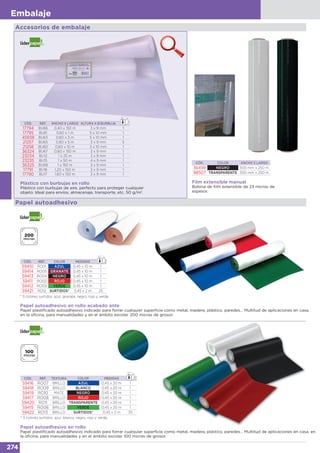 274
Embalaje
Accesorios de embalaje
Plástico con burbujas en rollo
Plástico con burbujas de aire, perfecto para proteger cualquier
objeto. Ideal para envíos, almacenaje, transporte, etc. 50 g/m2
.
Film extensible manual
Bobina de film extensible de 23 micras de
espesor.
CÓD. COLOR ANCHO X LARGO
36499 NEGRO 500 mm x 250 m
98507 TRANSPARENTE 500 mm x 250 m
Papel autoadhesivo
Papel autoadhesivo en rollo acabado ante
Papel plastificado autoadhesivo indicado para forrar cualquier superficie como metal, madera, plástico, paredes… Multitud de aplicaciones en casa,
en la oficina, para manualidades y en el ámbito escolar. 200 micras de grosor.
Papel autoadhesivo en rollo
Papel plastificado autoadhesivo indicado para forrar cualquier superficie como metal, madera, plástico, paredes… Multitud de aplicaciones en casa, en
la oficina, para manualidades y en el ámbito escolar. 100 micras de grosor.
CÓD. REF. TEXTURA COLOR MEDIDAS
59416 RO07 BRILLO AZUL 0,45 x 20 m 1
59418 RO09 BRILLO BLANCO 0,45 x 20 m 1
59419 RO10 MATE NEGRO 0,45 x 20 m 1
59417 RO08 BRILLO ROJO 0,45 x 20 m 1
59420 RO11 BRILLO TRANSPARENTE 0,45 x 20 m 1
59415 RO06 BRILLO VERDE 0,45 x 20 m 1
59422 RO13 BRILLO SURTIDOS* 0,45 x 2 m 35
* 5 colores surtidos: azul, blanco, negro, rojo y verde.
CÓD. REF. ANCHO X LARGO ALTURA X Ø BURBUJA
17794 BU66 0,40 x 150 m 3 x 9 mm 1
17795 BU61 0,60 x 1 m 5 x 10 mm 1
45938 BU63 0,60 x 3 m 5 x 10 mm 1
21257 BU65 0,60 x 5 m 3 x 9 mm 5
21258 BU60 0,60 x 10 m 3 x 10 mm 1
36324 BU67 0,60 x 150 m 3 x 9 mm 1
23234 BU12 1 x 25 m 3 x 9 mm 1
23235 BU15 1 x 50 m 4 x 9 mm 1
36325 BU68 1 x 150 m 3 x 9 mm 1
17791 BU16 1,20 x 150 m 3 x 9 mm 1
17790 BU17 1,60 x 150 m 3 x 9 mm 1
CÓD. REF. COLOR MEDIDAS
59410 RO01 AZUL 0,45 x 10 m 1
59414 RO05 GRANATE 0,45 x 10 m 1
59413 RO04 NEGRO 0,45 x 10 m 1
59411 RO02 ROJO 0,45 x 10 m 1
59412 RO03 VERDE 0,45 x 10 m 1
59421 RO12 SURTIDOS* 0,45 x 2 m 25
* 5 colores surtidos: azul, granate, negro, rojo y verde.
 