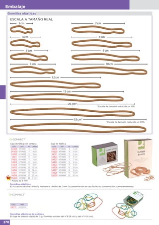 278
Embalaje
CÓD. REF.
28731 KF02032
Gomillas elásticas de colores
En caja de plástico rígido de 15 g. Gomillas surtidas del nº 8 (8 cm) y del nº 4 (4 cm).
3 cm
4 cm
5 cm
6 cm
7 cm
8 cm
9 cm
10 cm
12 cm
15 cm
Gomillas elásticas
20 cm*
*Escala de tamaño reducida un 15%
33 cm*
*Escala de tamaño reducida un 20%
ESCALA A TAMAÑO REAL
Gomillas elásticas
80 % caucho de alta calidad y resistencia. Ancho de 2 mm. Su presentación en caja facilita su conservación y almacenamiento.
CÓD. REF. Nº LARGO
54319 KF14680 3 3 cm
54320 KF14681 4 4 cm
54321 KF14682 5 5 cm
54322 KF14683 6 6 cm
54323 KF14684 7 7 cm
54324 KF14685 8 8 cm
54325 KF14686 9 9 cm
54326 KF14687 10 10 cm
54327 KF14688 12 12 cm
54328 KF15179 15 15 cm
54329 KF14689 20 20 cm
Caja de 1000 g
CÓD. REF. Nº LARGO
54308 KF14691 3 3 cm
54309 KF14692 4 4 cm
54310 KF14693 5 5 cm
54311 KF14694 6 6 cm
54312 KF14695 7 7 cm
54313 KF15045 8 8 cm
54314 KF14696 9 9 cm
54315 KF15046 10 10 cm
54316 KF15047 12 12 cm
54317 KF14697 15 15 cm
54318 KF15048 20 20 cm
73400 KF10591 33 9 cm*
Caja de 100 g con ventana
* Ancho de 3 mm
 