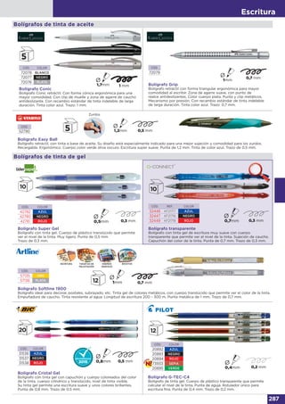 Escritura
287
Bolígrafos de tinta de aceite
Bolígrafo Conic
Bolígrafo Conic retráctil. Con forma cónica ergonómica para una
mayor comodidad. Con clip de muelle y zona de agarre de caucho
antideslizante. Con recambio estándar de tinta indeleble de larga
duración. Tinta color azul. Trazo: 1 mm.
CÓD. COLOR
72078 BLANCO
72077 NEGRO
72076 PLATA Ø
Bolígrafo Grip
Bolígrafo retráctil con forma triangular ergonómica para mayor
comodidad al escribir. Zona de agarre suave, con punto de
realce antideslizantes. Color cuerpo plata. Punta y clip metálicos.
Mecanismo por presión. Con recambio estándar de tinta indeleble
de larga duración. Tinta color azul. Trazo: 0,7 mm.
CÓD.
72079
Bolígrafo Easy Ball
Bolígrafo retráctil, con tinta a base de aceite. Su diseño está especialmente indicado para una mejor sujeción y comodidad para los zurdos.
Recargable. Ergonómico. Cuerpo color verde oliva oscuro. Escritura super suave. Punta de 1,2 mm. Tinta de color azul. Trazo de 0,5 mm.
CÓD.
52790
Ø
Zurdos
CÓD. COLOR
42782 AZUL
42780 NEGRO
42781 ROJO
Bolígrafo Super Gel
Bolígrafo con tinta gel. Cuerpo de plástico translúcido que permite
ver el nivel de la tinta. Muy ligero. Punta de 0,5 mm.
Trazo de 0,3 mm.
Bolígrafos de tinta de gel
Bolígrafo transparente
Bolígrafo con tinta gel de escritura muy suave con cuerpo
transparente que permite ver el nivel de la tinta. Sujeción de caucho.
Capuchón del color de la tinta. Punta de 0,7 mm. Trazo de 0,3 mm.
CÓD. REF. COLOR
32448 KF21717 AZUL
32447 KF21716 NEGRO
32449 KF21718 ROJO
Bolígrafo Softline 1900
Bolígrafo ideal para decorar, postales, subrayado, etc. Tinta gel de colores metálicos, con cuerpo translúcido que permite ver el color de la tinta.
Empuñadura de caucho. Tinta resistente al agua. Longitud de escritura 200 - 300 m. Punta metálica de 1 mm. Trazo de 0,7 mm.
CÓD. COLOR
57135 ORO
57136 PLATA
BOCETOSTARJETAS DE
FELICITACIÓN
DISEÑOS
GRÁFICOS
ESCRITURA
CÓD. COLOR
31536 AZUL
31537 NEGRO
31538 ROJO
Bolígrafo Cristal Gel
Bolígrafo con tinta gel con capuchón y cuerpo coloreados del color
de la tinta, cuerpo cilíndrico y translúcido, nivel de tinta visible.
Su tinta gel permite una escritura suave y unos colores brillantes.
Punta de 0,8 mm. Trazo de 0,5 mm.
Bolígrafo G-TEC-C4
Bolígrafo de tinta gel. Cuerpo de plástico transparente que permite
calcular el nivel de la tinta. Punta de aguja. Rotulador único para
escritura fina. Punta de 0,4 mm. Trazo de 0,2 mm.
CÓD. COLOR
20892 AZUL
20893 NEGRO
20894 ROJO
73933 SEPIA
20895 VERDE
 