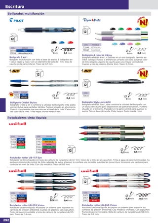 292
Escritura
Rotuladores tinta líquida
Rotulador roller UB-157 Eye
Rotulador de tinta líquida con bola de carburo de tungsteno de 0,7 mm. Color de la tinta en el capuchón. Tinta al agua de gran luminosidad. Su
exclusivo sistema de control de tinta, además de evitar el goteo, le confiere una increíble suavidad en la escritura. Incorpora una ventana para
controlar el nivel de tinta. Con clip metálico. Trazo de 0,5 mm.
CÓD. COLOR
31459 AZUL
31460 NEGRO
31461 ROJO
31462 VERDE
CÓD. COLOR
31465 AZUL CLARO
31463 NARANJA
31467 ROSA
31464 VERDE CLARO
31468 VINO
31466 VIOLETA
Rotulador roller UB-200 Vision
Rotulador de tinta líquida. Incorpora un sistema para soportar los
cambios de presión ambiental. Clip metálico cromado. Con capuchón.
Punta de acero inoxidable. Bola de carburo de tungsteno de 0,8 mm.
Trazo de 0,6 mm.
CÓD. COLOR
31470 AZUL
31471 NEGRO
31472 ROJO
CÓD. COLOR
31474 AZUL
31475 NEGRO
31476 ROJO
Rotulador roller UB-205 Vision
Rotulador de tinta líquida. Incorpora un sistema para soportar los
cambios de presión ambiental. Cuerpo de plástico. Con capuchón.
Punta de acero inoxidable y bola de carburo de tungsteno de 0,5
mm. Trazo de 0,4 mm.
Bolígrafo Cristal Stylus
Bolígrafo cristal 2 en 1, combina la utilidad del bolígrafo tinta aceite
con un stylus para pantallas táctiles. Puntero situado en el extremo.
Cuerpo transparente que permite ver el nivel de la tinta. Capuchón
del color de la tinta. Tinta negra. Punta media 1 mm.
CÓD. COLOR
75316 AZUL
71777 NEGRO
Bolígrafo Stylus retráctil
Bolígrafo retráctil 2 en 1, que combina la utilidad del bolígrafo con
un stylus de caucho para dispositivos de pantallas táctiles. Puntero
situado en el extremo. Pulsador en la parte central para guardar la
punta. Tinta a base de aceite. Color negro. Punta media 1 mm.
CÓD.
73835
Bolígrafos multifunción
Bolígrafo 4 colores Inkjoy
Bolígrafo retráctil 4 en 1: 4 colores en un solo bolígrafo. Permite es-
cribir, corregir, marcar o diferenciar un texto con sólo pulsar el color
de tinta elegido. Agarre de caucho para una mayor comodidad.
Cuerpo y clip de plástico. Punta: 1mm. Trazo: 0,3 mm.
CÓD. MODELO
72046 ESTÁNDAR
72047 FANTASÍA
Bolígrafo 3 en 1
Bolígrafo multifunción con tinta a base de aceite. 3 bolígrafos en
1 (azul, negro y rojo). Con un diámetro de bola de 1 mm. Grip de
caucho en la parte inferior. Trazo de 0,7 mm.
CÓD. COLOR
25592 AZUL
25594 TRANSPARENTE
 