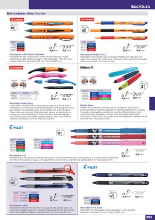 Escritura
293
CÓD. COLOR
44255 AZUL
44256 NEGRO
44257 ROJO
Rotulador roller Bionic Worker
Rotulador de alta calidad con sistema de tinta líquida. Diseño
ergonómico para facilitar el agarre. Con capuchón. Tinta con base
al agua. Diámetro de la bola 0,5 mm. Trazo de 0,5 mm.
CÓD. COLOR
44251 AZUL
44252 NEGRO
44253 ROJO
Rotulador Roller Visco
Rotulador con tinta de baja viscosidad. Modelo con clip. Zona de
agarre muy suave. No emborrona ni mancha. Con capuchón encajable
en la zona trasera. Trazo de 0,5 mm.
Rotulador roller Easy
Punta roller. Permite una escritura rápida, regular y fluida. Punta
irrompible. Escritura azul, con portanombres. Zona de agarre suave
que asegura una posición ideal de los dedos y la mano. Evita la
fatiga muscular excesiva. Personalizable, ya que las partes de su
cuerpo son intercambiables. Colores surtidos: amarillo/naranja,
azul claro/oscuro, lima/verde, naranja/negro y rosa claro/oscuro.
Diámetro de la bola: 0,9 mm. Trazo de 0,5 mm.
Roller Twist
Roller con un diseño divertido, actual y moderno. Descansan
perfectamente en la mano gracias a su forma ergonómica y cuerpo
torneado. Adecuada para diestros y zurdos. Disponibles en tres
combinaciones de alegres colores. Tinta estilográfica borrable.
Cartuchos "Grand Prix", con punta nueva incorporada. Diámetro de la
bola 0,9 mm. Trazo de 0,5 mm.
Zurdos
Zurdos
Diestros
Diestros
CÓD. PIEZA
48832 ROTULADOR 9
48833 RECAMBIO AZUL 24
CÓD. COLOR
72005 AZUL AZUL CLARO
72006 AZUL ROSA
72004 ROJO VERDE
Rotuladores tinta líquida
Rotulador V-5
Rotulador de tinta líquida, suave escritura. Más de dos kilómetros de escritura gracias a su sofisticado controlador
de tinta. Tinta soluble al agua. Con capuchón y visor de tinta. Diámetro de la bola 0,5 mm. Trazo de 0,3 mm.
CÓD. COLOR
15447 AZUL
15448 NEGRO
15449 ROJO
15450 VERDE
CÓD. COLOR
20662 AZUL CLARO
20663 ROSA
20664 VIOLETA
Rotulador roller
Rotulador roller de tinta líquida. Con sujeción de caucho para una
mayor comodidad. Cuerpo y capuchón transparente del color de la
tinta. Clip metálico. Diámetro de bola: 0,7 mm. Trazo de 0,5 mm.
CÓD. REF. COLOR
72036 KF50140 AZUL
72035 KF50139 NEGRO
72037 KF50141 ROJO
Rotulador V-5 Grip
Rotulador de tinta líquida. Con capuchón y visor de tinta.
Diámetro de la bola 0,5 mm. Trazo de 0,3 mm.
CÓD. COLOR
33879 AZUL
33880 NEGRO
 