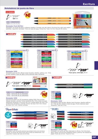 Escritura
297
Rotuladores de punta de fibra
Rotulador Point 88 Mini
Rotulador con punta de fibra y refuerzo metálico. Formato mini del clásico. Escritura fina, apto para reglas y
plantillas. Capuchón ventilado. Tinta con base de agua. Punta fina. Trazo: 0,4 mm. Estuche 18 colores.
CÓD. PRESENTACIÓN
72017 ESTUCHE 18 UNID.
Rotulador 1200
Rotulador para escribir, dibujar, hacer bocetos, diseños, gráficos, etc. Tinta
de alta calidad a base de agua. Punta redonda súper resistente.
CÓD. COLOR Nº
07276 AMARILLO 5 10
07280 AZUL 3 10
27165 AZUL ACERO 17 5
07288 AZUL CLARO 10 10
27162 AZUL TURQUESA 14 5
27167 CARMÍN 19 5
07291 GRIS 12 10
27168 MAGENTA 20 5
07294 MARRÓN 7 10
27166 MARRÓN OSCURO 18 5
07296 NARANJA 6 10
27164 NARANJA CLARO 16 5
CÓD. COLOR Nº
07306 NEGRO 1 10
07320 ROJO 2 10
27171 ROJO INGLÉS 28 10
07322 ROSA 9 10
07330 VERDE 4 10
07333 VERDE CLARO 11 10
27163 VERDE OLIVA 15 5
07336 VIOLETA 8 10
34406 NEÓN AMARILLO 65 10
34407 NEÓN NARANJA 66 10
34408 NEÓN ROSA 69 10
34405 NEÓN VERDE 64 10
CÓD. COLOR Nº
72071 AZUL METAL. 73 10
50376 ORO 53 10
50377 PLATA 54 10
72070 ROJO METÁL. 72 10
72072 VERDE METÁL. 74 10
72073 VIOLETA METÁL. 78 10
CÓD. COLOR
07479 AZUL
07480 NEGRO
07481 ROJO
Rotulador Nylon
Rotulador nylon de punta porosa que proporciona una escritura
intensa. Su punta de nylon evita que la tinta se emborrone. Con
capuchón. Cuerpo del color de la tinta.
Rotulador 1300
Rotuladores para escribir, dibujar, hacer bocetos, diseños gráficos,
etc. Tinta de alta calidad a base de agua. Punta redonda súper
resistente. Trazo de 2 mm.
CÓD. COLOR
07283 AZUL
07302 NEGRO
07318 ROJO
07328 VERDE
CÓD. PRESENTACIÓN
25824 ESTUCHE DE 10 UNIDADES
75353 ESTUCHE DE 20 UNIDADES
Rotulador 1200
Estuche de metal con 20 rotuladores edding 1200. Para escribir,
dibujar, bocetar y anotar. Punta resistente fina. Tinta a base de agua
altamente resistente a la acción de la luz. Amplia gama de color. Uso
profesional, doméstico y escolar. Grosor de trazo: 0,5-1 mm. Grosor
de trazo: 0,5-1 mm. Colores surtidos.
CÓD. COLOR
74782 AZUL
74784 NEGRO
74783 ROJO
74785 VERDE
Rotulador Office Fine
Rotulador con punta de fibra ideal para la oficina. Con tinta base
agua, ofrece una escritura elegante limpia y precisa. No traspasa el
papel. Punta de 2,5 mm. Trazo 0,7 mm.
2,5mm
 