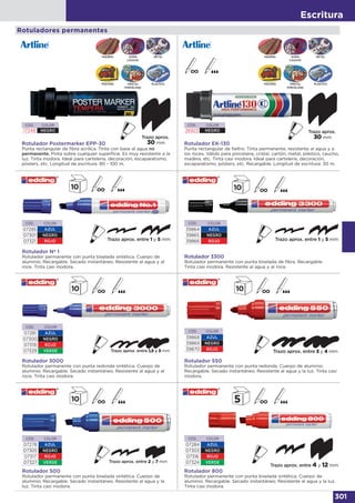 Escritura
301
Rotuladores permanentes
Rotulador 500
Rotulador permanente con punta biselada sintética. Cuerpo de
aluminio. Recargable. Secado instantáneo. Resistente al agua y la
luz. Tinta casi inodora.
CÓD. COLOR
07278 AZUL
07305 NEGRO
07317 ROJO
07327 VERDE
Rotulador 3000
Rotulador permanente con punta redonda sintética. Cuerpo de
aluminio. Recargable. Secado instantáneo. Resistente al agua y al
roce. Tinta casi inodora.
CÓD. COLOR
07281 AZUL
07300 NEGRO
07319 ROJO
07329 VERDE
CÓD. COLOR
07285 AZUL
07301 NEGRO
07321 ROJO
CÓD. COLOR
39864 AZUL
39865 NEGRO
39866 ROJO
Rotulador Nº 1
Rotulador permanente con punta biselada sintética. Cuerpo de
aluminio. Recargable. Secado instantáneo. Resistente al agua y al
roce. Tinta casi inodora.
Rotulador 3300
Rotulador permanente con punta biselada de fibra. Recargable.
Tinta casi inodora. Resistente al agua y al roce.
CÓD. COLOR
39868 AZUL
39869 NEGRO
39870 ROJO
Rotulador 550
Rotulador permanente con punta redonda. Cuerpo de aluminio.
Recargable. Secado instantáneo. Resistente al agua y la luz. Tinta casi
inodora.
CÓD. COLOR
07284 AZUL
07303 NEGRO
07316 ROJO
07324 VERDE
Rotulador 800
Rotulador permanente con punta biselada sintética. Cuerpo de
aluminio. Recargable. Secado instantáneo. Resistente al agua y la luz.
Tinta casi inodora.
CÓD. COLOR
26923 NEGRO
Rotulador EK-130
Punta rectangular de fieltro. Tinta permanente, resistente al agua y a
los roces. Válido para porcelana, cristal, cartón, metal, plástico, caucho,
madera, etc. Tinta casi inodora. Ideal para cartelería, decoración,
escaparatismo, pósters, etc. Recargable. Longitud de escritura: 30 m.
CÓD. COLOR
17248 NEGRO
Rotulador Postermarker EPP-30
Punta rectangular de fibra acrílica. Tinta con base al agua no
permanente. Pinta sobre cualquier superficie. Es muy resistente a la
luz. Tinta inodora. Ideal para cartelería, decoración, escaparatismo,
pósters, etc. Longitud de escritura: 80 - 100 m.
PÓSTERS CRISTAL
PORCELANA
PLÁSTICO
MADERA GOMA
CAUCHO
METAL
PÓSTERS CRISTAL
PORCELANA
PLÁSTICO
MADERA GOMA
CAUCHO
METAL
Trazo aprox. entre 1,5 y 3 mm
 