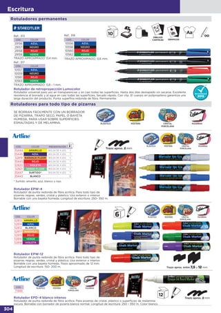 304
Escritura
Rotuladores permanentes
Rotulador de retroproyección Lumocolor
Rotulador universal para uso en transparencias y en casi todas las superficies. Hasta dos días destapado sin secarse. Excelente
resistencia al borrado y al agua en casi todas las superficies. Secado rápido. Con clip. El cuerpo en polipropileno garantiza una
larga duración del producto. Punta superfina redonda de fibra. Permanente.
TRAZO APROXIMADO: 0,4 mm.
CÓD. COLOR
29156 AZUL
29157 NEGRO
29158 ROJO
29159 VERDE
Ref.: 313
TRAZO APROXIMADO: 0,6 mm.
CÓD. COLOR
10556 AZUL
10558 NEGRO
10560 ROJO
10562 VERDE
Ref.: 318
CÓD. COLOR
10557 AZUL
10559 NEGRO
10561 ROJO
10563 VERDE
Ref.: 317
TRAZO APROXIMADO: 0,8 - 1 mm.
SE BORRAN FÁCILMENTE CON UN BORRADOR
DE PIZARRA, TRAPO SECO, PAPEL O BAYETA
HÚMEDA. PARA USAR SOBRE SUPERFICIES
ESMALTADAS Y DE MELAMINA.
Rotulador EPW-4
Rotulador de punta redonda de fibra acrílica. Para todo tipo de
pizarras negras, verdes, cristal y plástico. Uso exterior o interior.
Borrable con una bayeta húmeda. Longitud de escritura: 250- 350 m.
Rotulador EPW-12
Rotulador de punta redonda de fibra acrílica. Para todo tipo de
pizarras negras, verdes, cristal y plástico. Uso exterior o interior.
Borrable con una bayeta húmeda. Trazo aproximado de 12 mm.
Longitud de escritura: 150- 200 m.
CÓD. COLOR
52813 AMARILLO
52814 AZUL
52812 BLANCO
52817 NARANJA
52815 ROJO
52816 VERDE
52818 VIOLETA
Rotuladores para todo tipo de pizarras
PLÁSTICO PÓSTERS CRISTAL
PORCELANA
PIZARRAS
PLÁSTICO PÓSTERS CRISTAL
PORCELANA
PIZARRAS
PLÁSTICO PÓSTERS CRISTAL
PORCELANA
PIZARRAS
PLÁSTICO PÓSTERS CRISTAL
PORCELANA
PIZARRAS
CÓD. COLOR PRESENTACIÓN
35444 AMARILLO BOLSA DE 4 UDS. 1
35446 AZUL BOLSA DE 4 UDS. 1
52819 NARANJA FLÚOR BOLSA DE 4 UDS. 1
35445 ROJO BOLSA DE 4 UDS. 1
52820 VIOLETA BOLSA DE 4 UDS. 1
52821 VERDE FLÚOR BOLSA DE 4 UDS. 1
35447 SURTIDO* BOLSA DE 4 UDS. 1
35443 BLANCO - 12
* Surtido: amarillo, azul, blanco y rojo.
Rotulador EPD-4 blanco intenso
Rotulador de punta redonda de fibra acrílica. Para pizarras de cristal, plástico o superficies de melamina
oscura. Borrable con borrador de pizarra blanca normal. Longitud de escritura: 250 - 350 m. Color blanco.
CÓD.
71999
 