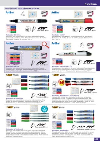 Escritura
305
Rotuladores para pizarras blancas
CÓD. COLOR
46151 AZUL
46150 NEGRO
46152 ROJO
Rotulador retráctil EK-573A
Rotulador para pizarra blanca de punta redonda de fibra de poliéster,
retráctil, con la novedad de que la punta se puede ocultar. Trazo
aproximado de 2 mm. Recargable. Longitud de escritura: 100 m.
Rotulador EK-517
Rotulador para pizarra blanca con punta redonda de fibra de
poliéster. Tinta antisecado. Permanece 48 horas sin capuchón sin
secarse. Tinta inodora. Longitud de escritura: 600 m.
CÓD. COLOR
15474 AZUL 12
25669 NARANJA 12
15475 NEGRO 12
15476 ROJO 12
25671 ROSA 12
15477 VERDE 12
25670 VIOLETA 12
17254 4 SURTIDOS 1
Rotulador EK-500A
Rotulador para pizarra blanca con punta redonda de fibra de
poliéster. Cuerpo de aluminio. Tinta antisecado a base de alcohol.
Recargable. Longitud de escritura: 480 m.
CÓD. COLOR
11746 AZUL
11747 NEGRO
11748 ROJO
11749 VERDE
CÓD. COLOR
22097 AZUL
22095 NEGRO
22096 ROJO
22098 VERDE
Rotulador EK-157
Rotulador para pizarra blanca con punta redonda de fibra acrílica.
Tinta a base de alcohol. Cuerpo de plástico. Longitud de escritura:
300 - 400 m.
PIZARRAS
PIZARRAS
PIZARRAS
PIZARRAS
Rotulador Whiteboard
Rotulador para pizarra blanca con punta redonda cónica. Tinta
a base de alcohol que genera menos olor. Se borran en seco
fácilmente incluso después de varios días. Trazo: 1,3 mm.
CÓD. COLOR
58498 AZUL
58497 NEGRO
58499 ROJO
58500 VERDE
Rotulador Whiteboard
Rotulador para pizarra blanca con punta cónica muy resistente.
Capuchón con cierre de seguridad. Cuerpo de plástico, fácil de
sujetar. Práctico tamaño de bolsillo, con tinta a base de acetona,
facilitando el borrado y mayor intensidad de la tinta. Punta redonda
de 2 mm. Trazo de 1,4 mm
CÓD. COLOR
07524 AZUL
07525 NEGRO
07526 ROJO
07527 VERDE
Rotulador Whiteboard Liquid Pocket
Marcador BIC Velleda para pizarra blanca. Extremo con puntero
para pantallas táctiles. Con tinta líquida: colores más vivos, más
duración, mejor borrado. Ideal para utilizar sobre presentaciones con
pizarras interactivas donde pintar, tocar la pantalla y borrar, se hace
frecuentemente. Punta media 2,2 mm. Trazo de 1,5 mm.
CÓD. COLOR
75318 AZUL
75319 NEGRO
75320 ROJO
CÓD. COLOR
07528 AZUL
07529 NEGRO
07530 ROJO
07531 VERDE
Rotulador Whiteboard
Rotulador para pizarra blanca con punta gruesa biselada. Su cuerpo
ergonómico proporciona un mayor control de la escritura. Tinta a
base de alcohol que genera menos olor. Punta biselada de 5,9 mm.
Trazo aproximado entre 3 y 5,5 mm.
 
