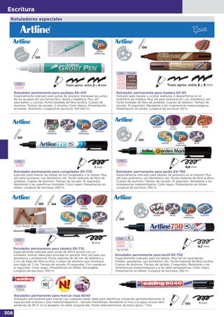 308
Escritura
CÓD. COLOR
52322 ARCE
52321 CAOBA
52320 NOGAL
52323 ROBLE
CÓD.
52324
CÓD.
52318
Rotulador permanente para azulejos EK-419
Especialmente indicado para juntas de azulejos: blanquea las juntas
de los azulejos de una forma fácil, rápida e higiénica. Muy útil
para baños y cocinas. Punta biselada de fibra acrílica. Cuerpo de
aluminio. Tiempo de secado: 2 minutos. Color blanco. Presentación
en blíster. Antimoho. Longitud de escritura: 150-200 m.
Rotulador permanente para congelados EK-770
Indicado para marcar las bolsas de los congelados o la nevera. Muy
útil para cocineros, uso doméstico, etc. Punta redonda de fibra de
poliéster. Cuerpo de aluminio. Tiempo de secado: 10 segundos.
Resistente a las superficies húmedas. Color negro. Presentación en
blíster. Longitud de escritura: 400 m.
Rotulador permanente para madera EK-95
Indicado para reparar u ocultar arañazos o desperfectos en el
mobiliario de madera. Muy útil para restauración, uso doméstico, etc.
Punta biselada de fibra de poliéster. Cuerpo de plástico. Tiempo de
secado: 10 segundos. Resistente a las inclemencias meteorológicas.
Presentación en blíster. Longitud de escritura: 50 m.
CRISTAL
PORCELANA
MADERA
BOLSAS
CONGELAR
METAL CRISTAL
PORCELANA
PLÁSTICO
Rotulador permanente para taladro EK-710
Especialmente indicado para zonas de difícil acceso con un
rotulador normal. Ideal para bricolaje en general. Muy útil para uso
doméstico y profesional. Punta redonda de 28 mm de diámetro y
3 cm de largo de fibra acrílica. Cuerpo de aluminio que incorpora
una regla de 7 cm. Tiempo de secado: 10 segundos. Con cuerda en
el capuchón. Color negro. Presentación en blíster. Recargable.
Longitud de escritura: 300 m.
CÓD.
52319
Con Regla de 7 cm.
CARTÓN CRISTAL
PORCELANA
METAL
PLÁSTICO GOMA
CAUCHO
MADERA
Rotuladores especiales
Rotulador permanente para jardín EK-780
Especialmente indicado para labores de jardinería en el exterior. Muy
útil para jardineros, uso doméstico, etc. Punta redonda de fibra acrílica.
Cuerpo de aluminio. Tiempo de secado: 15 segundos. Resistente a las
inclemencias meteorológicas. Color negro. Presentación en blíster.
Longitud de escritura: 250 m.
CÓD.
52317
CARTÓN CRISTAL
PORCELANA
METAL
PLÁSTICO GOMA
CAUCHO
MADERA JARDÍN
Rotulador permanente para marcar ropa 8040
Rotulador permanente para marcar casi cualquier tejido. Ideal para identificar, rotulando permanentemente, la
ropa escolar, la bolsa u otro material deportivo… Secado instantáneo. Resistente al roce y al agua, incluso tem-
peraturas de 95 ºC en la lavadora. No daña ninguna tela. Punta redonda.Grosor de trazo: aprox. 1 mm.
CÓD.
73909
CÓD.
52325 1*
06810 12
Rotulador permanente para textil EK-750
Especialmente indicado para los tejidos. Muy útil en lavanderías,
hoteles, guarderías, uso doméstico, etc. Punta redonda de fibra acrílica.
Cuerpo de aluminio. Tiempo de secado: 2 segundos. Resistente a las
inclemencias meteorológicas y a las altas temperaturas. Color negro.
Presentación en blíster. Longitud de escritura: 250 m.
METAL CRISTAL
PORCELANA
PLÁSTICOTEJIDOS
* BLÍSTER
 