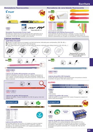 Escritura
311
Rotuladores fluorescentes
Rotulador ﬂuorescente Frixion Light
Borrable por sistema de fricción gracias al calor generado por la
fricción de la goma contra el papel. Permite escribir encima de
inmediato. Punta de fibra biselada. Color amarillo.
CÓD.
74283
CÓD.
73098*
73099
Lápices de graﬁto HB Junior
Lápiz de grafito con graduación HB. Cuerpo hexagonal y espacio en
blanco para personalizar.
Lápices de graﬁto HB hexagonal
Lápices de grafito. Cuerpo hexagonal. N.2 HB. Sin goma. Color del
cuerpo: rojo.
Lápices de graﬁto HB triangular
Dureza HB. Base triangular para proporcionar una postura correcta
al escribir. Sin goma. Color del cuerpo azul.
CÓD. REF.
54954 LL03
¿QUÉ MINA UTILIZAR?
B: blanda, no deja marca en el papel y es fácil de borrar. Indicada para sombreados (2B, 3B, 4B...)
HB: dureza media. Para escritura, fácil de borrar.
H: dura, deja marca en el papel y es más difícil de borrar. Indicada para dibujo técnico (2H, 3H, 4H,...)
2B B HB H 2H
Representación circular de
los valores del lápiz según su
dureza (9H-9B)
Lápices de graﬁto HB triangular con goma
Lápices triangulares de grafito con goma. Cuerpo metalizado en
vivos colores. Cómoda sujeción. Mina ultra resistente, madera de
gran calidad. Su forma triangular fomenta la posición correcta de la
mano al escribir.
CÓD. REF.
54952 LL02
CÓD. REF.
58623 KF26072
Lápices escritura
Lápices de graﬁto Noris
El encolado especial de la mina y la madera en toda la longitud
del lápiz, evitan que las minas se rompan al afilarlas. Lápices
ecológicos, con certificación PEFC, con madera procedente de
bosques de gestión sostenible.
*CON GOMA
*CON GOMA
CÓD. Nº DUREZA
73088 0 2 B
73089 1 B
73090 2 HB
73091 3 H
73092 4 2 H
73093* 2 HB
Marcadores de cera blanda fluorescente
Marcadores cera blanda fluorescente
Ceras blandas de gel para marcar y subrayar en seco. Con stick
aplicador, por lo que no manchan ni necesitan sacarles punta. Se
deslizan suavemente por el papel sin estropearlo. Colores fluorescentes.
CÓD. REF. COLOR
74320 ZC06 AMARILLO 10
74322 ZC08 NARANJA 10
74319 ZC05 ROSA 10
74321 ZC07 VERDE 10
74318 ZC04 SURTIDOS* 1
*CAJA DE 60 UNIDADES.
Lápices de grafito Noris School Pack
Lápiz de grafito con cuerpo hexagonal. Gran resistencia a la
rotura gracias a la especial formulación de la mina y a su doble
encoladura. Fabricados con madera certificada PEFC, procedente
de bosques de gestión sostenible. Nº 2. Dureza HB. Pack de 144
unidades.
CÓD.
59109
SCHOOL
PACK
 