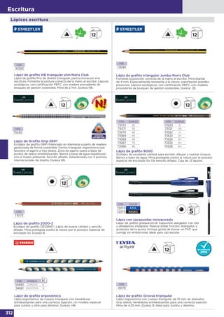 312
Escritura
CÓD.
43263
Lápiz de graﬁto HB triangular slim Noris Club
Lápiz de grafito fino de diseño triangular, para la iniciación a la
escritura. Fomenta la postura correcta de la mano al escribir. Lápices
ecológicos, con certificación PEFC, con madera procedente de
bosques de gestión sostenible. Mina de 2 mm. Dureza HB.
Lápiz con sacapuntas incorporado
Lápiz de grafito graduación B. Capuchón alargador con clip
y afilalápices integrado. Realiza doble función: Alargador y
protector de la punta. Incluye goma de borrar sin PVC que
corrige sin emborronar. Ideal para uso escolar.
CÓD. COLOR
72074 AZUL
72075 NEGRO
Lápiz de graﬁto 2000-2
Ecolápiz de grafito DESSING®. Lápiz de buena calidad y sencillo
afilado. Mina protegida contra la rotura por el proceso especial de
encolado SV. Dureza B.
CÓD.
73073
CÓD.
73094
Lápiz de graﬁto triángular Jumbo Noris Club
Fomenta la posición correcta de la mano al escribir. Mina blanda
de 4 mm. Especialmente resistente a la rotura, soportando grandes
presiones. Lápices ecológicos, con certificación PEFC, con madera
procedente de bosques de gestión sostenible. Dureza: 2B.
Lápiz de graﬁto 9000
Ecolápiz de excelente calidad para escribir, dibujar y realizar croquis.
Barniz a base de agua. Mina protegida contra la rotura por el proceso
especial de encolado SV. De sencillo afilado. Caja de 12 lápices.
CÓD. DUREZA
73072 2B
73071 3B
73070 4B
73069 5B
73068 6B
73067 7B
73066 8B
CÓD. DUREZA
73520 B
73521 HB
73522 H
73523 2H
73524 3H
73525 4H
73526 6H
Lápiz de graﬁto ergonómico
Lápiz ergonómico de cuerpo triangular con hendiduras
antideslizantes para una correcta sujeción. Un modelo especial
para zurdos y otro para diestros. Dureza: HB.
CÓD. MODELO
54680 ZURDOS 6
54681 DIESTROS 12
CÓD.
49178
Lápiz de graﬁto Groove triangular
Lápiz ergonómico con cuerpo triangular de 10 mm de diámetro.
Grip lateral, hendiduras antideslizantes para una correcta sujeción.
Mina de 4,25 mm. Dureza B. Ideal para zurdos y diestros.
Lápiz de Graﬁto Grip 2001
Ecolápiz de grafito GRIP. Fabricado en Alemania a partir de madera
gestionada de forma sostenible. Forma triangular ergonómica que
favorece el agarre a tres dedos. Zona de agarre suave a base de
puntos de realce antideslizantes. Barniz a base de agua respetuoso
con el medio ambiente. Sencillo afilado. Galardonado con 5 premios
internacionales de diseño. Dureza HB.
CÓD.
75340
Lápices escritura
 