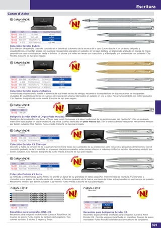 Escritura
321
Caran d´Ache
CÓD. REF. PIEZA PLUMIN/TINTA/MINA
76435 896-286 BOLÍGRAFO AZUL
76436 404-286 PORTAMINAS 0,5 mm
CÓD. REF. PIEZA PLUMIN/TINTA/MINA
76437 896-486 BOLÍGRAFO AZUL
76438 404-486 PORTAMINAS 0,5 mm
CÓD. REF. COLOR
76350 6522-100 AZUL
76351 6528-100 NEGRO
Colección Ecridor XS Chevron
Discreto y fiable, la versión XS de la gama Chevron tiene todas las cualidades de su predecesor, pero reducido a pequeñas dimensiones. Con el
conocido grabado de la V invertida en el cuerpo placado en paladio, estas piezas ofrecen el máximo confort al escribir. Mecanismo retráctil por
botón pulsador. Clip flexible. Bolígrafo de punta media. Estuche de lujo para regalo.
Colección Ecridor XS Retro
La refinada y emblemática gama Retro, no pierde un ápice de su grandeza en estos pequeños instrumentos de escritura. Funcionales y
cómodos, estas piezas de tamaño reducido, poseen el famoso grabado de la marca, una serie de líneas entrecruzadas en sus cuerpos de paladio.
Mecanismo retráctil por botón pulsador. Clip flexible. Punta media. Estuche de lujo para regalo.
Recambio para bolígrafos Ecridor XS
Recambio especialmente diseñado para bolígrafos Caran d´Ache
Ecridor XS. Permite una escritura fluida sin manchas. Cuerpo de acero
inoxidable. Punta fina de bola fabricada en carburo de tungsteno.
CÓD. REF. PIEZA PLUMIN/TINTA/MINA
76406 958-377 PLUMA MEDIO
76407 838-377 ROLLER AZUL
76408 890-377 BOLÍGRAFO AZUL
76409 4-377 PORTAMINAS 0,5 MM.
Colección Ecridor Cubrik
Esta línea es un ejemplo claro del cuidado en el detalle el y dominio de la técnica de la casa Caran d'Ache. Con un estilo delgado y
arquitectónico, presentan piezas con cuerpos hexagonales placados en paladio, en los que destaca un elaborado grabado en zigzag de líneas
geométricas que se multiplican hasta el infinito. La pluma y el roller se cierran con capuchón, y el bolígrafo y el portaminas con pulsador. Clip
flexible. Estuche de lujo para regalo.
CÓD. REF. PIEZA COLOR PLUMIN/TINTA/MINA
76426 898-368 BOLÍGRAFO DORADO AZUL
76427 4-368 PORTAMINAS DORADO 0,5 mm
76428 890-366 BOLÍGRAFO PLATEADO AZUL
76429 4-366 PORTAMINAS PLATEADO 0,5 mm
Colección Ecridor Lignes Urbaines
Armoniosas proporciones, donde la simetría de sus líneas rectas de vértigo, recuerda a la arquitectura de los rascacielos de las grandes
ciudades. El equilibrio perfecto en cuerpos de inspiración urbana, fabricados en paladio en oro y plata. Mecanismo retráctil por botón pulsador.
Clip flexible. Bolígrafo de punta media. Estuche de lujo para regalo.
Recambio para bolígrafos RNX.316
Recambio para bolígrafo multifunción Caran d´Ache RNX.316.
Cuerpo de acero. Punta media de carburo de tungsteno. Tres
colores surtidos: 2 azules, 2 negros y 1 rojo.
CÓD. REF.
76349 6533-105
CÓD. REF.
76439 891-281
Bolígrafo Ecridor Grain d´Orge (Plata maciza)
Reedición del modelo Ecridor Grain d'Orge, para rendir homenaje a la labor tradicional de los profesionales del “guilloché”. Con un acabado
tradicional que aporta un toque de finura a la pieza. Cuerpo fabricado en plata maciza 925, con el clásico diseño hexagonal. Mecanismo retráctil
por botón pulsador. Clip flexible. Punta media. Estuche de lujo para regalo.
 