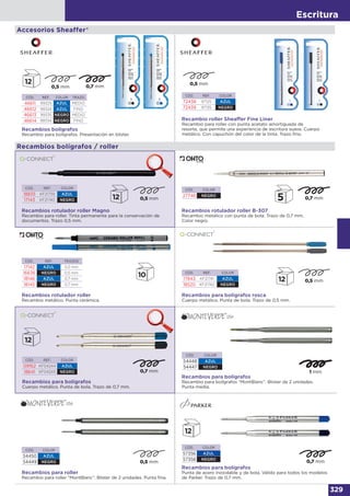 Escritura
329
Accesorios Sheaffer®
CÓD. REF. COLOR TRAZO
46611 99325 AZUL MEDIO
46612 99324 AZUL FINO
46613 99335 NEGRO MEDIO
46614 99334 NEGRO FINO
Recambios bolígrafos
Recambio para bolígrafos. Presentación en blister.
Recambio roller Sheaffer Fine Liner
Recambio para roller con punta acetato amortiguada de
resorte, que permite una experiencia de escritura suave. Cuerpo
metálico. Con capuchón del color de la tinta. Trazo fino.
CÓD. REF. COLOR
72438 97125 AZUL
72439 97135 NEGRO
Recambios rotulador roller Magno
Recambio para roller. Tinta permanente para la conservación de
documentos. Trazo 0,5 mm.
CÓD. REF. COLOR
18835 KF21739 AZUL
17143 KF21740 NEGRO
CÓD. REF. TRAZOS
17142 AZUL 0,5 mm
16636 NEGRO 0,5 mm
18146 AZUL 0,7 mm
18145 NEGRO 0,7 mm
Recambios rotulador roller
Recambio metálico. Punta cerámica.
Recambios para bolígrafos rosca
Cuerpo metálico. Punta de bola. Trazo de 0,5 mm.
CÓD. REF. COLOR
17843 KF21741 AZUL
18520 KF21742 NEGRO
Recambios bolígrafos / roller
Recambios rotulador roller B-307
Recambio metálico con punta de bola. Trazo de 0,7 mm.
Color negro.
CÓD. COLOR
27746 NEGRO
Recambios para bolígrafos
Recambio para bolígrafos “MontBlanc”. Blister de 2 unidades.
Punta media.
CÓD. COLOR
54448 AZUL
54447 NEGRO
Recambios para bolígrafos
Cuerpo metálico. Punta de bola. Trazo de 0,7 mm.
CÓD. REF. COLOR
09162 KF04244 AZUL
18641 KF04243 NEGRO
CÓD. COLOR
57356 AZUL
57358 NEGRO
Recambios para bolígrafos
Punta de acero inoxidable y de bola. Válido para todos los modelos
de Parker. Trazo de 0,7 mm.
Recambios para roller
Recambio para roller “MontBlanc”. Blister de 2 unidades. Punta fina.
CÓD. COLOR
54450 AZUL
54449 NEGRO
 