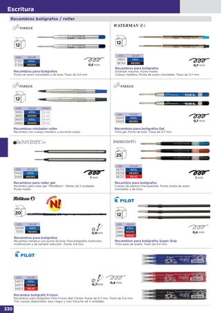 330
Escritura
Recambios bolígrafos / roller
Recambios para bolígrafos
Estándar máxima. Punta media.
Cuerpo metálico. Punta de acero inoxidable. Trazo de 0,7 mm.
CÓD. COLOR
14804 AZUL
06754 NEGRO
CÓD. COLOR
57357 AZUL
57359 NEGRO
Recambios para bolígrafos
Punta de acero inoxidable y de bola. Trazo de 0,5 mm.
Recambios rotulador roller
Recambio con cuerpo metálico y escritura suave.
CÓD. COLOR TRAZO
16854 AZUL 0,5 mm
16855 NEGRO 0,5 mm
06933 AZUL 0,8 mm
09662 NEGRO 0,8 mm
Recambios para roller gel
Recambio para roller gel “MontBlanc”. Blister de 2 unidades.
Punta media.
CÓD. COLOR
54452 AZUL
54451 NEGRO
CÓD. COLOR
06725 AZUL
06728 NEGRO
06727 ROJO
Recambio para bolígrafos
Cuerpo de plástico transparente. Punta media de acero
inoxidable y de bola.
CÓD. COLOR
34940 AZUL
34939 NEGRO
Recambios para bolígrafos Gel
Tinta gel. Punta de bola. Trazo de 0,7 mm.
CÓD. COLOR
54973 AZUL
54974 NEGRO
54975 ROJO
Recambio bolígrafo Frixion
Recambios para bolígrafos Pilot Frixion Ball Clicker. Punta de 0,7 mm. Trazo de 0,4 mm.
Tres colores disponibles: azul, negro y rojo. Estuche de 3 unidades.
Recambios para bolígrafos
Recambio metálico con punta de bola. Para bolígrafos multicolor,
multifunción y de tamaño reducido. Punta: 0,8 mm.
CÓD. COLOR
59098 AZUL
73701 NEGRO
Ø
Recambios para bolígrafos Super Grip
Tinta base de aceite. Trazo de 0,4 mm.
CÓD. COLOR
25864 AZUL
25865 NEGRO
25866 ROJO
 