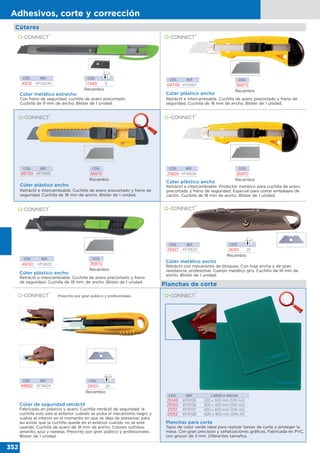 352
Adhesivos, corte y corrección
Cúteres
CÓD. REF.
08750 KF10935
Cúter plástico ancho
Retráctil e intercambiable. Cuchilla de acero precortado y freno de
seguridad. Cuchilla de 18 mm de ancho. Blíster de 1 unidad.
Cúter plástico ancho
Retráctil e intercambiable. Cuchilla de acero precortado y freno de
seguridad. Cuchilla de 18 mm de ancho. Blíster de 1 unidad.
Cúter plástico ancho
Retráctil e intercambiable. Protector metálico para cuchilla de acero
precortado y freno de seguridad. Especial para cortar embalajes de
cartón. Cuchilla de 18 mm de ancho. Blíster de 1 unidad.
CÓD. REF.
25826 KF10634
CÓD.
36870
Recambio
CÓD. REF.
49131 KF00234
Cúter metálico estrecho
Con freno de seguridad, cuchilla de acero precortado.
Cuchilla de 9 mm de ancho. Blíster de 1 unidad.
Recambio
CÓD.
36870
CÓD. REF.
08749 KF10937
CÓD.
36870
Recambio
Recambio
CÓD.
17469 6
CÓD. REF.
25827 KF10633
Cúter metálico ancho
Retráctil con mecanismo de bloqueo. Con hoja ancha y de gran
resistencia, profesional. Cuerpo metálico gris. Cuchilla de 18 mm de
ancho. Blíster de 1 unidad.
Cúter plástico ancho
Retráctil e intercambiable. Cuchilla de acero precortado y freno
de seguridad. Cuchilla de 18 mm. de ancho. Blíster de 1 unidad.
CÓD. REF.
49130 KF10632
CÓD.
36870
Recambio
CÓD. REF. LARGO X ANCHO
25149 KF01135 220 x 300 mm (DIN A4)
25150 KF01136 300 x 450 mm (DIN A3)
25151 KF01137 450 x 600 mm (DIN A2)
25152 KF01138 600 x 900 mm (DIN A1)
Planchas para corte
Tapiz de color verde ideal para realizar tareas de corte y proteger la
mesa. Con gran precisión y señalizaciones gráficas. Fabricada en PVC,
con grosor de 3 mm. Diferentes tamaños.
Prescrito por gran público y profesionales.
CÓD. REF.
48882 KF14624
Cúter de seguridad retráctil
Fabricado en plástico y acero. Cuchilla retráctil de seguridad: la
cuchilla solo sale al exterior cuándo se pulsa el mecanismo negro y
vuelve al interior en el momento en que se deja de presionar, para
así evitar que la cuchilla quede en el exterior cuándo no se esté
usando. Cuchilla de acero de 18 mm de ancho. Colores surtidos:
amarillo, azul y naranja. Prescrito por gran público y profesionales.
Blíster de 1 unidad.
Planchas de corte
Recambio
CÓD.
26101 20
Recambio
CÓD.
26101 20
 