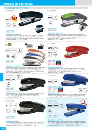 370
Artículos de sobremesa
Grapadora de plástico
Grapadora de plástico gris y verde con mecanismo metálico. Usa
grapas nº 10. Longitud del grapado al borde de la hoja: 5,5 cm. Carga
2 peines (100 grapas). Superficie verde de caucho antideslizante. Con
extraegrapas trasero. Longitud de la base: 105 mm.
Medidas: 24 x 45 x 105 mm.
Grapadora de plástico
Grapadora de plástico negro con mecanismo metálico. Usa grapas
nº 10. Longitud del grapado al borde de la hoja: 5,9 cm. Carga 2
peines (100 grapas). Con extraegrapas trasero. Longitud de la base:
100 mm. Medidas: 24 x 40 x 105 mm.
Grapadora de plástico
Grapadora de plástico ABS con mecanismo metálico. Usa grapas
nº 22/6 y 24/6. Longitud del grapado a 5,5 cm del borde de la hoja.
Carga 2 peines (100 grapas). Longitud de la base: 125 mm.
Medidas: 34 x 50 x 125 mm.
CÓD. REF. COLOR
31631 KF02151 AZUL
25510 KF01056 NEGRO
31632 KF02152 ROJO
CÓD. REF. COLOR
31633 KF02149 AZUL
25512 KF01044 NEGRO
31634 KF02150 ROJO
Grapadora metálica
Grapadora metálica. Usa grapas nº 22/6, 24/6 y 26/6. Longitud del
grapado a 6 cm del borde de la hoja. Carga 2 peines (100 grapas).
Longitud de la base: 170 mm. Medidas: 35 x 58 x 170 mm.
Grapadora metálica
Grapadora metálica negra. Usa grapas nº 22/6 y 24/6. Longitud del
grapado a 8,8 cm del borde de la hoja. Carga 3 peines (150 grapas).
Longitud de la base: 165 mm. Medidas: 35 x 55 x 165 mm.
Grapadoras de sobremesa
CÓD. REF.
43276 KF00991CÓD. REF.
73962 KF15933
CÓD. REF.
25513 KF01231
Grapadora de plástico
Grapadora de plástico azul, con mecanismo metálico. Usa grapas
22/6 y 24/6. Capacidad de grapado: 25 hojas. Longitud de grapado:
6.5 cm del borde. Capacidad de carga de 1 peine (50 grapas).
Longitud de la base: 120 mm. Medidas: 30 x 55 x 120 mm.
CÓD. REF.
47487 KF11064
Grapadora de plástico
Grapadora ABS negra con mecanismo metálico. Usa grapas nº 22/6
y 24/6. Longitud del grapado a 8 cm del borde de la hoja.
Carga 3 peines (150 grapas). Longitud de la base: 150 mm.
Medidas: 40 x 50 x 150 mm.
CÓD. REF.
25511 KF01057
Grapadora de plástico
Grapadora fabricada en plástico con mecanismo metálico. Usa grapas
24/6 y 22/6. Longitud del grapado a 7 cm del borde de la hoja.
Carga 2 peines (100 grapas). Incluye una caja de 1.000 grapas y un
extraegrapas. Colores surtidos: azul, naranja y negro. Longitud de la
base: 130 mm. Medidas: 40 x 63 x 130 mm.
CÓD. REF.
52315 GR33
10
 