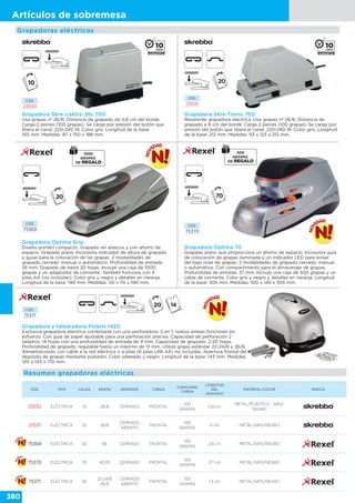380
Artículos de sobremesa
Grapadora Skre-Lektro 26s 700
Usa grapas nº 26/6. Distancia de grapado de 0,8 cm del borde.
Carga 2 peines (100 grapas). Se carga por presión del botón que
libera el canal. 220-240 W. Color gris. Longitud de la base:
150 mm. Medidas: 87 x 150 x 188 mm.
Grapadora Skre-Tronic 702
Resistente grapadora eléctrica. Usa grapas nº 26/6. Distancia de
grapado a 6 cm del borde. Carga 2 peines (100 grapas). Se carga por
presión del botón que libera el canal. 220-240 W. Color gris. Longitud
de la base: 212 mm. Medidas: 93 x 123 x 212 mm.
Grapadoras eléctricas
CÓD. TIPO HOJAS GRAPA GRAPADO CARGA
CAPACIDAD
CARGA
LONGITUD
DEL
GRAPADO
MATERIAL/COLOR MARCA
23530 ELÉCTRICA 10 26/6 CERRADO FRONTAL
100
GRAPAS
0,8 cm
METAL/PLÁSTICO - GRIS/
NEGRO
23531 ELÉCTRICA 20 26/6
CERRADO
ABIERTO
FRONTAL
100
GRAPAS
6 cm METAL/GRIS/NEGRO
75369 ELÉCTRICA 20 56 CERRADO FRONTAL
100
GRAPAS
2,6 cm METAL/GRIS/NEGRO
75370 ELÉCTRICA 70 HD70 CERRADO FRONTAL
100
GRAPAS
3,7 cm METAL/GRIS/NEGRO
75371 ELÉCTRICA 20
22-24/6
26/6
CERRADO
ABIERTO
FRONTAL
100
GRAPAS
1,3 cm METAL/GRIS/NEGRO
Resumen grapadoras eléctricas
CÓD.
23530
CÓD.
23531
10
CÓD.
75369
Grapadora Optima Grip
Diseño portátil compacto. Grapado sin atascos y con ahorro de
espacio. Grapado plano. Incorpora indicador de altura de grapado
y guías para la colocación de las grapas. 2 modalidades de
grapado cerrado: manual o automático. Profundidad de entrada:
26 mm. Grapado de hasta 20 hojas. Incluye una caja de 1000
grapas y un adaptador de corriente. También funciona con 4
pilas AA (no incluidas). Color gris y negro y detalles en naranja.
Longitud de la base: 190 mm. Medidas: 50 x 70 x 190 mm.
CÓD.
75370
Grapadora Optima 70
Grapado plano que proporciona un ahorro de espacio. Incorpora guía
de colocación de grapas iluminada y un indicador LED para avisar
del bajo nivel de grapas. 2 modalidades de grapado cerrado: manual
o automático. Con compartimento para el almacenaje de grapas.
Profundidad de entrada: 37 mm. Incluye una caja de 500 grapas y un
cable de corriente. Color gris y negro y detalles en naranja. Longitud
de la base: 305 mm. Medidas: 100 x 145 x 305 mm.
CÓD.
75371
Grapadora y taladradora Polaris 1420
Exclusiva grapadora eléctrica combinada con una perforadora. 2 en 1: realiza ambas funciones sin
esfuerzo. Con guía de papel ajustable para una perforación precisa. Capacidad de perforación 2
taladros: 14 hojas con una profundidad de entrada de 9 mm. Capacidad de grapado: 2-20 hojas.
Profundidad de grapado: regulable hasta un máximo de 13 mm. Utiliza grapa estándar 22-24/6 y 26/6.
Alimentaciones con cable a la red eléctrica o a pilas (6 pilas LR6 AA) no incluidas. Apertura frontal del
depósito de grapas mediante pulsador. Color plateado y negro. Longitud de la base: 143 mm. Medidas:
120 x 143 x 170 mm.
 