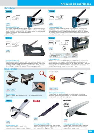 Artículos de sobremesa
381
Clavadora 260 Top
Clavadora fabricada en plástico ABS, muy resistente. Clavado por
impacto. Destinadas para bricolaje y pequeños trabajos. Usa grapas
nº 530/4, 530/6 y 530/8. Clava con una capacidad desde 4 hasta
8 mm. Carga 3 peines (150 grapas). Color negro y cromado.
Clavadora 1530
Metálica. Usa grapas nº 530/10, 530/12 y 530/14. Clava por impacto.
Carga 2 peines (100 grapas). Grapadora de gruesos. Regulador de
potencia. Longitud del grapado a 9 cm del borde de la hoja. Clava con
una capacidad desde 10 hasta 14 mm en función de la grapa que se
cargue. Tipo de carga posterior. Color azul y gris.
Extraegrapas
Plástico y metal. Muy fácil extracción. Con cierre de seguridad.
Color negro.
Clavadoras
Extraegrapas
CÓD.
02287
CÓD.
02284
CÓD.
02285
CÓD.
02286
Extraegrapas de tenaza
Extraegrapas de tenaza fabricado en metal. Fuerte, cómodo y
resistente, extrae grapas fácilmente sin romper el papel. Universal,
es apropiado para todo tipo de grapas.
CÓD. REF.
73961 KF15934
Clavadora 270 Top
Usa grapas nº 530/4, 530/6 y 530/8. Metálica. Clavado por impacto.
Para trabajos de bricolaje y profesional. Clava con una capacidad
desde 4 hasta 8 mm en función de la grapa que se cargue. Carga 3
peines (150 grapas). Regulador de potencia.
Color azul y gris.
Clavadora 280 Top
Usa grapas nº 530/4, 530/6, 530/8, 530/10, 530/12, 530/14 y pins
539/14 (ideal para madera). Metálica. Clavado por impacto. Para
bricolaje. Clava con una capacidad desde 4 hasta 14 mm en función
de la grapa que se cargue. Carga 3 peines (150 grapas). Regulador de
potencia. Color azul y gris.
CÓD. REF.
25514 KF01232
Extraegrapas 110
Fabricado en plástico y metal. Fácil
extracción de la grapa sin romper el papel.
CÓD.
03302
CÓD.
93418
Extraegrapas MAX RZ-F
Sistema de palanca fácil de usar, que no daña
el documento al desgrapar. Extraegrapas ideal
para grapas del nº 10 y del nº 35.
CÓD.
23532
Extraegrapas Skreklick 520
Extraegrapas universal de gran capacidad.
Metálico. Tipo tenaza. Para todo tipo de
grapas. Color gris y negro.
 