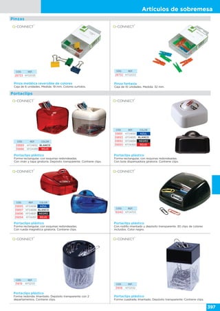 Artículos de sobremesa
397
Pinza metálica reversible de colores
Caja de 6 unidades. Medida: 19 mm. Colores surtidos.
CÓD. REF.
28733 KF02035
CÓD. REF.
28732 KF02033
Pinza fantasía
Caja de 10 unidades. Medida: 32 mm.
CÓD. REF. COLOR
39891 KF04693 AZUL
39893 KF04695 BLANCO
39892 KF04694 NEGRO
39890 KF04490 ROJO
CÓD. REF. COLOR
39895 KF04696 AZUL
39897 KF04698 BLANCO
39896 KF04697 NEGRO
39894 KF04491 ROJO
Portaclips plástico
Forma rectangular, con esquinas redondeadas.
Con bola dispensadora giratoria. Contiene clips.
Portaclips plástico
Forma rectangular, con esquinas redondeadas.
Con rueda magnética giratoria. Contiene clips.
Portaclips plástico
Forma rectangular, con esquinas redondeadas.
Con imán y tapa giratoria. Depósito transparente. Contiene clips.
CÓD. REF. COLOR
39889 KF04692 BLANCO
39886 KF04489 ROJO
Portaclips plástico
Con rodillo imantado y depósito transparente. 30 clips de colores
incluidos. Color negro.
CÓD. REF.
16940 KF04703
Portaclips
CÓD. REF.
31619 KF02133
Portaclips plástico
Forma redonda. Imantado. Depósito transparente con 2
departamentos. Contiene clips.
Pinzas
CÓD. REF.
31618 KF02132
Portaclips plástico
Forma cuadrada. Imantado. Depósito transparente. Contiene clips.
 