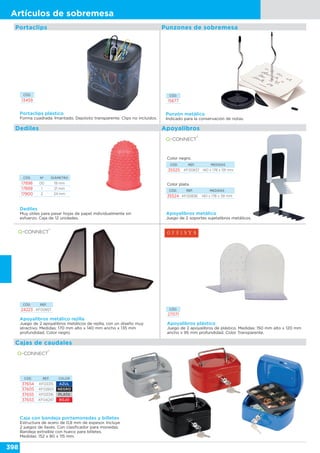 398
Artículos de sobremesa
CÓD.
13459
CÓD.
15677
Portaclips plástico
Forma cuadrada. Imantado. Depósito transparente. Clips no incluidos.
Punzón metálico
Indicado para la conservación de notas.
Punzones de sobremesaPortaclips
Dediles
Muy útiles para pasar hojas de papel individualmente sin
esfuerzo. Caja de 12 unidades.
CÓD. Nº DIÁMETRO
17898 00 19 mm
17899 1 21 mm
17900 2 24 mm
Apoyalibros metálico
Juego de 2 soportes sujetalibros metálicos.
CÓD. REF. MEDIDAS
35525 KF00837 140 x 178 x 191 mm
Color negro.
CÓD. REF. MEDIDAS
35524 KF00836 140 x 178 x 191 mm
Color plata.
Apoyalibros metálico rejilla
Juego de 2 apoyalibros metálicos de rejilla, con un diseño muy
atractivo. Medidas: 170 mm alto x 140 mm ancho x 135 mm
profundidad. Color negro.
CÓD. REF.
24223 KF00857 CÓD.
27071
Apoyalibros plástico
Juego de 2 apoyalibros de plástico. Medidas: 150 mm alto x 120 mm
ancho x 95 mm profundidad. Color Transparente.
ApoyalibrosDediles
Caja con bandeja portamonedas y billetes
Estructura de acero de 0,8 mm de espesor. Incluye
2 juegos de llaves. Con clasificador para monedas.
Bandeja extraíble con hueco para billetes.
Medidas: 152 x 80 x 115 mm.
Cajas de caudales
CÓD. REF. COLOR
37654 KF03315 AZUL
37605 KF02601 NEGRO
37655 KF03316 PLATA
37653 KF04247 ROJO
 