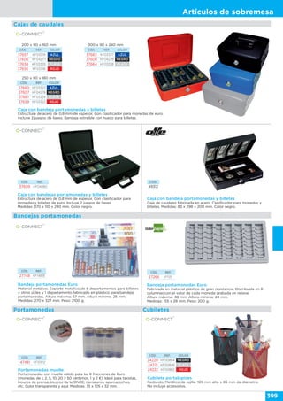 Artículos de sobremesa
399
CÓD. REF. COLOR
37657 KF03319 AZUL
37606 KF04277 NEGRO
37658 KF03320 PLATA
37656 KF03318 ROJO
200 x 90 x 160 mm
CÓD. REF. COLOR
37660 KF03323 AZUL
37607 KF04278 NEGRO
37661 KF03324 PLATA
37659 KF03322 ROJO
250 x 90 x 180 mm
CÓD. REF. COLOR
37663 KF03327 AZUL
37608 KF04279 NEGRO
37664 KF03328 PLATA
300 x 90 x 240 mm
Caja con bandeja portamonedas y billetes
Estructura de acero de 0,8 mm de espesor. Con clasificador para monedas de euro.
Incluye 2 juegos de llaves. Bandeja extraíble con hueco para billetes.
Caja con bandejas portamonedas y billetes
Estructura de acero de 0,8 mm de espesor. Con clasificador para
monedas y billetes de euro. Incluye 2 juegos de llaves.
Medidas: 370 x 110 x 290 mm. Color negro.
CÓD. REF.
37609 KF04280
Caja con bandeja portamonedas y billetes
Caja de caudales fabricada en acero. Clasificador para monedas y
billetes. Medidas: 83 x 298 x 200 mm. Color negro.
CÓD.
49312
Bandeja portamonedas Euro
Fabricada en material plástico de gran resistencia. Distribuida en 8
columnas con el valor de cada moneda grabada en relieve.
Altura máxima: 38 mm. Altura mínima: 24 mm.
Medidas: 155 x 28 mm. Peso: 200 g.
CÓD. REF.
27266 PT01
Bandeja portamonedas Euro
Material metálico. Soporte metálico de 8 departamentos para billetes
y otros útiles y 1 departamento fabricado en plástico para bandeja
portamonedas. Altura máxima: 57 mm. Altura mínima: 25 mm.
Medidas: 270 x 327 mm. Peso: 2100 g.
CÓD. REF.
27748 KF14818
Bandejas portamonedas
Cajas de caudales
CÓD. REF. COLOR
24220 KF00864 NEGRO
24221 KF00846 PLATA
24222 KF00882 ROJO
Cubilete portalápices
Redondo. Metálico de rejilla. 105 mm alto x 86 mm de diámetro.
No incluye accesorios.
Portamonedas muelle
Portamonedas con muelle válido pata las 8 fracciones de €uro
(monedas de 1, 2, 5, 10, 20 y 50 céntimos, 1 y 2 €). Ideal para taxistas,
kioscos de prensa, kioscos de la ONCE, camareros, aparcacoches,
etc. Color transparente y azul. Medidas: 75 x 105 x 32 mm.
CÓD. REF.
47481 KF10912
CubiletesPortamonedas
 