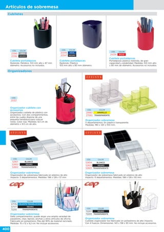 400
Artículos de sobremesa
Cubiletes
CÓD. COLOR
23380 GRIS
23382 NEGRO
Cubilete portalápices
Redondo. Metálico. 103 mm alto x 87 mm
diámetro. Accesorios no incluidos.
CÓD. COLOR
24236 ROJO
Cubilete portalápices
Portalápices plástico redondo, de gran
capacidad y estabilidad. Medidas: 103 mm alto
x 80 mm de diámetro. Accesorios no incluidos.
CÓD. COLOR
20349 AZUL
20347 NEGRO
Cubilete portalápices
Redondo. Plástico.
103 mm alto x 80 mm diámetro.
Organizadores
CÓD.
20321
Organizador cubilete con
accesorios
Organizador cubilete de plástico con
accesorios. Con dos compartimentos,
entre las cuales dispone de una
pequeña hendidura para colocar
notas. Color rojo. Medidas: 8,5 cm de
diámetro x 9,5 cm de alto.
Organizador sobremesa
Organizador de sobremesa fabricado en plástico de alto
impacto. 5 departamentos. Medidas: 198 x 128 x 37 mm.
Organizador sobremesa
Organizador de sobremesa fabricado en plástico de alto
impacto. 9 departamentos. Medidas: 198 x 128 x 93 mm.
CÓD. COLOR
52801 BLANCO
52800 NEGRO
52802 TRANSPARENTE
CÓD. COLOR
29980 AMARILLO
27060 TRANSPARENTE
Organizador sobremesa
5 departamentos. En plástico transparente.
Medidas: 180 x 120 x 100 mm.
Organizador sobremesa
Siete compartimentos, puede alojar una amplia variedad de
pasadores, clips, lápices, plumas y otros artículos de oficina.
Fabricado en poliestireno. Más del 90% de material reciclado.
Medidas: 15 x 12 x 9,2 cm. No incluye accesorios.
Organizador sobremesa
Cubilete organizador Isis fabricado en poliestireno de alto impacto.
Con 4 huecos. Dimensiones: 143 x 158 x 93 mm. No incluye accesorios.
CÓD. COLOR
57176 CELESTE TRANSLÚCIDO
57177 NEGRO
72210 TRANSPARENTE
CÓD. COLOR
72207 NEGRO
72205 TRANSPARENTE
CÓD. COLOR
52804 BLANCO
52803 NEGRO
52805 TRANSPARENTE
 