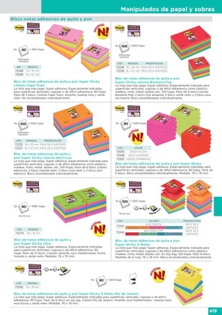 Manipulados de papel y sobres
419
Bloc de notas adhesivas de quita y pon
Super Sticky colores Bisutería Pop
La nota que más pega. Súper adhesiva. Especialmente indicada para
superficies verticales, rugosas o de difícil adherencia como plástico,
madera, vinilo, metal, tejidos, etc. 100 hojas. Pack de 6 blocs colores
Bisutería Pop: 2 blocs rojo amapola, 2 blocs verde neón y 2 blocs azul
ola marina. Blocs encelofanados individualmente.
CÓD. MEDIDAS PRESENTACIÓN
72236 76 x 76 mm PACK DE 6 SURTIDOS
72238 76 x 127 mm PACK DE 6 SURTIDOS
Blocs notas adhesivas de quita y pon
6x = 600 hojas
Diferentes
tamaños
5x
Diferentes
tamaños
= 450 hojas90
REF. MEDIDAS
75598 76 x 76 mm
75599 76 x 127 mm
Bloc de notas adhesivas de quita y pon Super Sticky
colores Cape Town
La nota que más pega. Súper adhesiva. Especialmente indicadas
para superficies verticales, rugosas o de difícil adherencia. 90 hojas.
Pack de 5 blocs. Colores Cape Town: amarillo, naranja rosa y verde
neón. No encelofanados individualmente.
Bloc de notas adhesivas de quita y
pon Super Sticky colores eléctricos
La nota que más pega. Súper adhesiva. Especialmente indicada para
superficies verticales, rugosas o de difícil adherencia como plástico,
madera, vinilo, metal, tejidos, etc. 100 hojas. Pack de 6 blocs colores
eléctricos: 2 blocs naranja neón, 2 blocs rosa neón y 2 blocs azul
eléctrico. Blocs encelofanados individualmente.
CÓD. MEDIDAS PRESENTACIÓN
72235 76 x 76 mm PACK DE 6 SURTIDOS
72237 76 x 127 mm PACK DE 6 SURTIDOS
6x = 600 hojas
Diferentes
tamaños
CÓD. COLOR
75592 ROSA FUCSIA
75596 ROJO AZAFRÁN
75597 VERDE ESPÁRRAGO
Bloc de notas adhesivas de quita y pon Super Sticky
La nota que más pega. Súper adhesiva. Especialmente indicadas para
superficies verticales, rugosas o de difícil adherencia. 90 hojas. Pack de
6 blocs. Blocs encelofanados individualmente. Medidas: 76 x 76 mm.
6x = 540 hojas90
CÓD. MEDIDAS
74279 76 x 76 mm
Bloc de notas adhesivas de quita y
pon Super Sticky Ultra
La nota que más pega. Súper adhesiva. Especialmente indicadas
para superficies verticales, rugosas o de difícil adherencia. 90
hojas. Pack de 12 blocs. Colores: amarillo, azul mediterráneo, fucsia,
morado y verde neón. Medidas: 76 x 76 mm.
76x76 mm
12x = 1080 hojas90
CÓD. COLORES PRESENTACIÓN
72241
ELÉCTRICOS:
NARANJA NEÓN ROSA NEÓN AZUL ELEC
PACK DE 6
SURTIDOS
72242
BISUTERÍA POP:
AMAPOLA VERDE NEÓN AZUL OLA MARINA
PACK DE 6
SURTIDOS
Bloc de notas adhesivas de quita y pon
Super Sticky Z-Notes
La nota que más pega. Súper adhesiva. Especialmente indicada para
superficies verticales, rugosas o de difícil adherencia como plástico,
madera, vinilo, metal, tejidos, etc. En Zig-Zag. 100 hojas. Pack 6 blocs.
Medidas de la hoja: 76 x 76 mm Blocs encelofanados individualmente.
6x
76x76 mm
= 600 hojas
CÓD. MEDIDAS
75593 76 x 76 mm
Bloc de notas adhesivas de quita y pon Super Sticky Z-Notes Río de Janeiro
La nota que más pega. Súper adhesiva. Especialmente indicadas para superficies verticales, rugosas o de difícil
adherencia. 90 hojas. Pack de 6 blocs en zig zag. Colores Río de Janeiro: amarillo, azul mediterráneo, naranja neón,
rosa fucsia y verde neón. Medidas: 76 x 76 mm.
6x = 540 hojas90
 