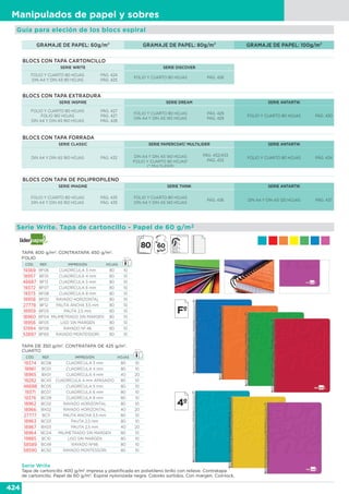 424
Manipulados de papel y sobres
Serie Write. Tapa de cartoncillo - Papel de 60 g/m2
Guía para eleción de los blocs espiral
CÓD. REF. IMPRESIÓN HOJAS
19369 BF06 CUADRÍCULA 3 mm 80 10
18957 BF01 CUADRÍCULA 4 mm 80 10
46687 BF13 CUADRÍCULA 5 mm 80 10
19372 BF07 CUADRÍCULA 6 mm 80 10
19373 BF08 CUADRÍCULA 8 mm 80 10
18958 BF02 RAYADO HORIZONTAL 80 10
27778 BF12 PAUTA ANCHA 3,5 mm 80 10
18959 BF03 PAUTA 2,5 mm 80 10
18960 BF04 MILIMETRADO SIN MARGEN 80 10
18956 BF05 LISO SIN MARGEN 80 10
51994 BF09 RAYADO Nº 46 80 10
53897 BF60 RAYADO MONTESSORI 80 10
GRAMAJE DE PAPEL: 60g/m2 GRAMAJE DE PAPEL: 80g/m2 GRAMAJE DE PAPEL: 100g/m2
BLOCS CON TAPA CARTONCILLO
SERIE WRITE SERIE DISCOVER
FOLIO Y CUARTO 80 HOJAS
DIN A4 Y DIN A5 80 HOJAS
PÁG. 424
PÁG. 425
FOLIO Y CUARTO 80 HOJAS PÁG. 426
BLOCS CON TAPA EXTRADURA
SERIE INSPIRE SERIE DREAM SERIE ANTARTIK
FOLIO Y CUARTO 80 HOJAS
FOLIO 160 HOJAS
DIN A4 Y DIN A5 160 HOJAS
PÁG. 427
PÁG. 427
PÁG. 428
FOLIO Y CUARTO 80 HOJAS
DIN A4 Y DIN A5 140 HOJAS
PÁG. 429
PÁG. 429
FOLIO Y CUARTO 80 HOJAS PÁG. 430
BLOCS CON TAPA FORRADA
SERIE CLASSIC SERIE PAPERCOAT/ MULTILIDER SERIE ANTARTIK
DIN A4 Y DIN A5 160 HOJAS PÁG. 432 DIN A4 Y DIN A5 140 HOJAS
FOLIO Y CUARTO 80 HOJAS*
(* MULTILÍDER)
PÁG. 432/433
PÁG. 433
FOLIO Y CUARTO 80 HOJAS PÁG. 434
BLOCS CON TAPA DE POLIPROPILENO
SERIE IMAGINE SERIE THINK SERIE ANTARTIK
FOLIO Y CUARTO 80 HOJAS
DIN A4 Y DIN A5 160 HOJAS
PÁG. 435
PÁG. 435
FOLIO Y CUARTO 80 HOJAS
DIN A4 Y DIN A5 140 HOJAS
PÁG. 436 DIN A4 Y DIN A5 120 HOJAS PÁG. 437
Serie Write
Tapa de cartoncillo 400 g/m2
impresa y plastificada en polietileno brillo con relieve. Contratapa
de cartoncillo. Papel de 60 g/m2
. Espiral nylonizada negra. Colores surtidos. Con margen. Coil-lock.
FOLIO
TAPA 400 g/m2
. CONTRATAPA 450 g/m2
.
CUARTO
CÓD. REF. IMPRESIÓN HOJAS
19374 BC08 CUADRÍCULA 3 mm 80 10
18961 BC01 CUADRÍCULA 4 mm 80 10
18965 BX01 CUADRÍCULA 4 mm 40 20
19282 BC43 CUADRÍCULA 4 mm APASAIDO 80 10
46688 BC05 CUADRÍCULA 5 mm 80 10
19371 BC07 CUADRÍCULA 6 mm 80 10
19376 BC09 CUADRÍCULA 8 mm 80 10
18962 BC02 RAYADO HORIZONTAL 80 10
18966 BX02 RAYADO HORIZONTAL 40 20
27777 BC11 PAUTA ANCHA 3,5 mm 80 10
18963 BC03 PAUTA 2,5 mm 80 10
18967 BX03 PAUTA 2,5 mm 40 20
18964 BC04 MILIMETRADO SIN MARGEN 80 10
19885 BC10 LISO SIN MARGEN 80 10
58589 BC49 RAYADO Nº46 80 10
58590 BC50 RAYADO MONTESSORI 80 10
TAPA DE 350 g/m2
. CONTRATAPA DE 425 g/m2
.
 