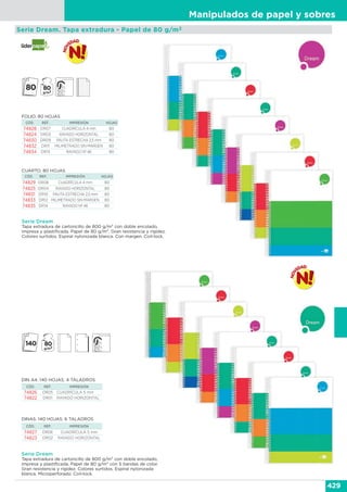 Manipulados de papel y sobres
429
Serie Dream. Tapa extradura - Papel de 80 g/m2
Serie Dream
Tapa extradura de cartoncillo de 800 g/m2 con doble encolado,
impresa y plastificada. Papel de 80 g/m2. Gran resistencia y rigidez.
Colores surtidos. Espiral nylonizada blanca. Con margen. Coil-lock.
CÓD. REF. IMPRESIÓN HOJAS
74828 DR07 CUADRÍCULA 4 mm 80
74824 DR03 RAYADO HORIZONTAL 80
74830 DR09 PAUTA ESTRECHA 2,5 mm 80
74832 DR11 MILIMETRADO SIN MARGEN 80
74834 DR13 RAYADO Nº 46 80
CUARTO. 80 HOJAS
CÓD. REF. IMPRESIÓN HOJAS
74829 DR08 CUADRÍCULA 4 mm 80
74825 DR04 RAYADO HORIZONTAL 80
74831 DR10 PAUTA ESTRECHA 2,5 mm 80
74833 DR12 MILIMETRADO SIN MARGEN 80
74835 DR14 RAYADO Nº 46 80
FOLIO. 80 HOJAS
DIN A4. 140 HOJAS. 4 TALADROS
CÓD. REF. IMPRESIÓN
74826 DR05 CUADRÍCULA 5 mm
74822 DR01 RAYADO HORIZONTAL
Serie Dream
Tapa extradura de cartoncillo de 800 g/m2 con doble encolado,
impresa y plastificada. Papel de 80 g/m2 con 5 bandas de color.
Gran resistencia y rigidez. Colores surtidos. Espiral nylonizada
blanca. Microperforado. Coil-lock.
DINA5. 140 HOJAS. 6 TALADROS
CÓD. REF. IMPRESIÓN
74827 DR06 CUADRÍCULA 5 mm
74823 DR02 RAYADO HORIZONTAL
 