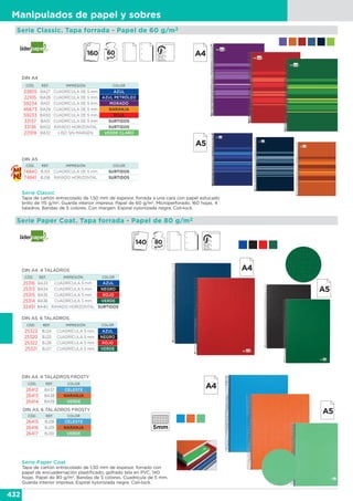 432
Manipulados de papel y sobres
Serie Classic. Tapa forrada - Papel de 60 g/m2
Serie Paper Coat. Tapa forrada - Papel de 80 g/m2
DIN A5. 6 TALADROS
CÓD. REF. IMPRESIÓN COLOR
25323 BJ24 CUADRÍCULA 5 mm AZUL
25320 BJ25 CUADRÍCULA 5 mm NEGRO
25322 BJ26 CUADRÍCULA 5 mm ROJO
25321 BJ27 CUADRÍCULA 5 mm VERDE
DIN A4. 4 TALADROS
CÓD. REF. IMPRESIÓN COLOR
25316 BA33 CUADRÍCULA 5 mm AZUL
25313 BA34 CUADRÍCULA 5 mm NEGRO
25315 BA35 CUADRÍCULA 5 mm ROJO
25314 BA36 CUADRÍCULA 5 mm VERDE
32451 BA40 RAYADO HORIZONTAL SURTIDOS
Serie Paper Coat
Tapa de cartón entrecolado de 1,50 mm de espesor, forrado con
papel de encuadernación plastificado, gofrado tela en PVC. 140
hojas. Papel de 80 g/m2
. Bandas de 5 colores. Cuadrícula de 5 mm.
Guarda interior impresa. Espiral nylonizada negra. Coil-lock.
DIN A4. 4 TALADROS FROSTY
CÓD. REF. COLOR
26412 BA37 CELESTE
26413 BA38 NARANJA
26414 BA39 VERDE
DIN A5. 6 TALADROS FROSTY
CÓD. REF. COLOR
26415 BJ28 CELESTE
26416 BJ29 NARANJA
26417 BJ30 VERDE
Serie Classic
Tapa de cartón entrecolado de 1,50 mm de espesor, forrada a una cara con papel estucado
brillo de 115 g/m2
. Guarda interior impresa. Papel de 60 g/m2
. Microperforado. 160 hojas. 4
taladros. Bandas de 5 colores. Con margen. Espiral nylonizada negra. Coil-lock.
CÓD. REF. IMPRESIÓN COLOR
33855 BA27 CUADRÍCULA DE 5 mm AZUL
22105 BA28 CUADRÍCULA DE 5 mm AZUL PETRÓLEO
59234 BA51 CUADRÍCULA DE 5 mm MORADO
46673 BA29 CUADRÍCULA DE 5 mm NARANJA
59233 BA50 CUADRÍCULA DE 5 mm ROJA
33137 BA01 CUADRÍCULA DE 5 mm SURTIDOS
33136 BA02 RAYADO HORIZONTAL SURTIDOS
22109 BA32 LISO SIN MARGEN VERDE CLARO
CÓD. REF. IMPRESIÓN COLOR
74840 BJ55 CUADRÍCULA DE 5 mm SURTIDOS
74841 BJ56 RAYADO HORIZONTAL SURTIDOS
DIN A4
DIN A5
 