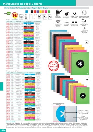 434
Manipulados de papel y sobres
Serie Antartik. Tapa forrada - Papel de 100 g/m2
Serie Antartik
El bloc de más alta gama del mercado: Exclusivo diseño, características inigualables, un bloc sin precedentes que se distingue por la suavidad
y blancura de su papel, y además hace la escritura muy fluída. Tapa de cartón entrecolado de 1,5 mm de espesor, forrado a una cara con papel
estucado mate extrasuave y reserva de barniz UVI. Guarda interior impresa. 120 hojas. Gran resistencia y rigidez. Papel extrablanco de 100 g/m2
,
ultrasuave que hace la escritura mucho más fluida. La tinta no traspasa. 5 bandas de colores. Espiral nylonizada de colores. Coil-lock.
CÓD. REF. IMPRESIÓN COLOR TAPA COLOR ESPIRAL
74582 KD21 CUADRÍCULA 5 mm AZUL AMARILLO
74590 KD29 CUADRÍCULA 5 mm BLANCO NEGRO
74591 KD30 CUADRÍCULA 5 mm NEGRO ROJO
74583 KD22 CUADRÍCULA 5 mm ROJO AZUL
74584 KD23 CUADRÍCULA 5 mm TURQUESA ROJO
74585 KD24 CUADRÍCULA 5 mm VIOLETA AMARILLO
74588 KD27 CUADRÍCULA 5 mm AMARILLO FLÚOR NEGRO
74587 KD26 CUADRÍCULA 5 mm NARANJA FLÚOR AZUL
74586 KD25 CUADRÍCULA 5 mm ROSA FLÚOR AZUL
74589 KD28 CUADRÍCULA 5 mm VERDE FLÚOR AMARILLO
74542 KD01 HORIZONTAL AZUL AMARILLO
74550 KD09 HORIZONTAL BLANCO NEGRO
74551 KD10 HORIZONTAL NEGRO ROJO
74543 KD02 HORIZONTAL ROJO AZUL
74544 KD03 HORIZONTAL TURQUESA ROJO
74545 KD04 HORIZONTAL VIOLETA AMARILLO
74548 KD07 HORIZONTAL AMARILLO FLÚOR NEGRO
74547 KD06 HORIZONTAL NARANJA FLÚOR AZUL
74546 KD05 HORIZONTAL ROSA FLÚOR AZUL
74549 KD08 HORIZONTAL VERDE FLÚOR AMARILLO
74622 KD41 LISO AZUL AMARILLO
74630 KD49 LISO BLANCO NEGRO
74631 KD50 LISO NEGRO ROJO
74623 KD42 LISO ROJO AZUL
74624 KD43 LISO TURQUESA ROJO
74625 KD44 LISO VIOLETA AMARILLO
74628 KD47 LISO AMARILLO FLÚOR NEGRO
74627 KD46 LISO NARANJA FLÚOR AZUL
74626 KD45 LISO ROSA FLÚOR AZUL
74629 KD48 LISO VERDE FLÚOR AMARILLO
CÓD. REF. IMPRESIÓN COLOR TAPA
COLOR
ESPIRAL
74592 KD31 CUADRÍCULA 5 mm AZUL AMARILLO
74600 KD39 CUADRÍCULA 5 mm BLANCO NEGRO
74601 KD40 CUADRÍCULA 5 mm NEGRO ROJO
74593 KD32 CUADRÍCULA 5 mm ROJO AZUL
74594 KD33 CUADRÍCULA 5 mm TURQUESA ROJO
74595 KD34 CUADRÍCULA 5 mm VIOLETA AMARILLO
74598 KD37 CUADRÍCULA 5 mm AMARILLO FLÚOR NEGRO
74597 KD36 CUADRÍCULA 5 mm NARANJA FLÚOR AZUL
74596 KD35 CUADRÍCULA 5 mm ROSA FLÚOR AZUL
74599 KD38 CUADRÍCULA 5 mm VERDE FLÚOR AMARILLO
74552 KD11 HORIZONTAL AZUL AMARILLO
74560 KD19 HORIZONTAL BLANCO NEGRO
74561 KD20 HORIZONTAL NEGRO ROJO
74553 KD12 HORIZONTAL ROJO AZUL
74554 KD13 HORIZONTAL TURQUESA ROJO
74555 KD14 HORIZONTAL VIOLETA AMARILLO
74558 KD17 HORIZONTAL AMARILLO FLÚOR NEGRO
74557 KD16 HORIZONTAL NARANJA FLÚOR AZUL
74556 KD15 HORIZONTAL ROSA FLÚOR AZUL
74559 KD18 HORIZONTAL VERDE FLÚOR AMARILLO
74632 KD51 LISO AZUL AMARILLO
74640 KD59 LISO BLANCO NEGRO
74641 KD60 LISO NEGRO ROJO
74633 KD52 LISO ROJO AZUL
74634 KD53 LISO TURQUESA ROJO
74635 KD54 LISO VIOLETA AMARILLO
74638 KD57 LISO AMARILLO FLÚOR NEGRO
74637 KD56 LISO NARANJA FLÚOR AZUL
74636 KD55 LISO ROSA FLÚOR AZUL
74639 KD58 LISO VERDE FLÚOR AMARILLO
DIN A4. 4 TALADROS
DIN A5. 4 TALADROS
Optimiza la
escritura
Escritura
rápida
Secado rápido
de tinta
Extrablanco
ISO11475:
CIE169
Alta opacidad
ISO2471:95%
Papel ultrasuave
BEKK INDEX 150
Papel 100%
reciclable
Bosques
sostenibles
GUARDA INTERIOR
IMPRESA
ESPIRAL A JUEGO
CON EL INTERIOR
DE LA GUARDA
PAPEL
EXTRABLANCO
DE 100 g/m2
 