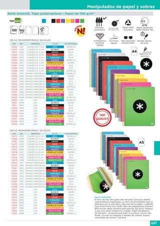 Manipulados de papel y sobres
437
Serie Antartik. Tapa polipropileno - Papel de 100 g/m2
Serie Antartik
El bloc de más alta gama del mercado: Exclusivo diseño,
características inigualables, un bloc sin precedentes que se
distingue por la suavidad y blancura de su papel, y además
hace la escritura muy fluída. Tapa de polipropileno impreso
800 micras sobre cartulina estucada de 250 g/m2 impresa
a una cara. Gran resistencia y rigidez. Papel extrablanco
de 100 g/m2, ultrasuave que hace la escritura mucho más
fluida. La tinta no traspasa. 5 bandas de colores. Espiral
nylonizada de colores. Coil-lock.
CÓD. REF. IMPRESIÓN COLOR COLOR ESPIRAL
74462 KR21 CUADRÍCULA 5 mm AZUL AMARILLO
74470 KR29 CUADRÍCULA 5 mm BLANCO NEGRO
74471 KR30 CUADRÍCULA 5 mm NEGRO ROJO
74463 KR22 CUADRÍCULA 5 mm ROJO AZUL
74464 KR23 CUADRÍCULA 5 mm TURQUESA ROJO
74465 KR24 CUADRÍCULA 5 mm VIOLETA AMARILLO
74468 KR27 CUADRÍCULA 5 mm AMARILLO FLÚOR NEGRO
74467 KR26 CUADRÍCULA 5 mm NARANJA FLÚOR AZUL
74466 KR25 CUADRÍCULA 5 mm ROSA FLÚOR AZUL
74469 KR28 CUADRÍCULA 5 mm VERDE FLÚOR AMARILLO
74422 KR01 RAYADO HORIZONTAL AZUL AMARILLO
74430 KR09 RAYADO HORIZONTAL BLANCO NEGRO
74431 KR10 RAYADO HORIZONTAL NEGRO ROJO
74423 KR02 RAYADO HORIZONTAL ROJO AZUL
74424 KR03 RAYADO HORIZONTAL TURQUESA ROJO
74425 KR04 RAYADO HORIZONTAL VIOLETA AMARILLO
74428 KR07 RAYADO HORIZONTAL AMARILLO FLÚOR NEGRO
74427 KR06 RAYADO HORIZONTAL NARANJA FLÚOR AZUL
74426 KR05 RAYADO HORIZONTAL ROSA FLÚOR AZUL
74429 KR08 RAYADO HORIZONTAL VERDE FLÚOR AMARILLO
74502 KR41 LISO AZUL AMARILLO
74510 KR49 LISO BLANCO NEGRO
74511 KR50 LISO NEGRO ROJO
74503 KR42 LISO ROJO AZUL
74504 KR43 LISO TURQUESA ROJO
74505 KR44 LISO VIOLETA AMARILLO
74508 KR47 LISO AMARILLO FLÚOR NEGRO
74507 KR46 LISO NARANJA FLÚOR AZUL
74506 KR45 LISO ROSA FLÚOR AZUL
74509 KR48 LISO VERDE FLÚOR AMARILLO
DIN A4. MICROPERFORADO. 120 HOJAS
CÓD. REF. IMPRESIÓN COLOR COLOR ESPIRAL
74472 KR31 CUADRÍCULA 5 mm AZUL AMARILLO
74480 KR39 CUADRÍCULA 5 mm BLANCO NEGRO
74481 KR40 CUADRÍCULA 5 mm NEGRO ROJO
74473 KR32 CUADRÍCULA 5 mm ROJO AZUL
74474 KR33 CUADRÍCULA 5 mm TURQUESA ROJO
74475 KR34 CUADRÍCULA 5 mm VIOLETA AMARILLO
74478 KR37 CUADRÍCULA 5 mm AMARILLO FLÚOR NEGRO
74477 KR36 CUADRÍCULA 5 mm NARANJA FLÚOR AZUL
74476 KR35 CUADRÍCULA 5 mm ROSA FLÚOR AZUL
74479 KR38 CUADRÍCULA 5 mm VERDE FLÚOR AMARILLO
74432 KR11 RAYADO HORIZONTAL AZUL AMARILLO
74440 KR19 RAYADO HORIZONTAL BLANCO NEGRO
74441 KR20 RAYADO HORIZONTAL NEGRO ROJO
74433 KR12 RAYADO HORIZONTAL ROJO AZUL
74434 KR13 RAYADO HORIZONTAL TURQUESA ROJO
74435 KR14 RAYADO HORIZONTAL VIOLETA AMARILLO
74438 KR17 RAYADO HORIZONTAL AMARILLO FLÚOR NEGRO
74437 KR16 RAYADO HORIZONTAL NARANJA FLÚOR AZUL
74436 KR15 RAYADO HORIZONTAL ROSA FLÚOR AZUL
74439 KR18 RAYADO HORIZONTAL VERDE FLÚOR AMARILLO
74512 KR51 LISO AZUL AMARILLO
74520 KR59 LISO BLANCO NEGRO
74521 KR60 LISO NEGRO ROJO
74513 KR52 LISO ROJO AZUL
74514 KR53 LISO TURQUESA ROJO
74515 KR54 LISO VIOLETA AMARILLO
74518 KR57 LISO AMARILLO FLÚOR NEGRO
74517 KR56 LISO NARANJA FLÚOR AZUL
74516 KR55 LISO ROSA FLÚOR AZUL
74519 KR58 LISO VERDE FLÚOR AMARILLO
DIN A5. MICROPERFORADO. 120 HOJAS
Optimiza la
escritura
Escritura
rápida
Secado rápido
de tinta
Extrablanco
ISO11475:
CIE169
Alta opacidad
ISO2471:95%
Papel ultrasuave
BEKK INDEX 150
Papel 100%
reciclable
Bosques
sostenibles
 