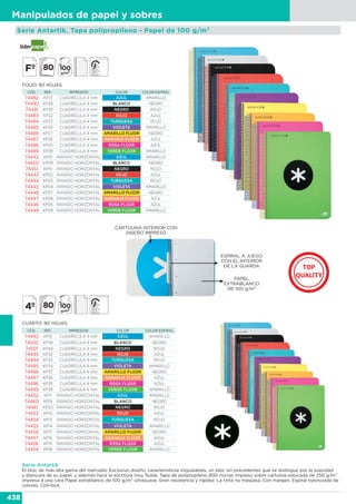 438
Manipulados de papel y sobres
Serie Antartik. Tapa polipropileno - Papel de 100 g/m2
Serie Antartik
El bloc de más alta gama del mercado: Exclusivo diseño, características inigualables, un bloc sin precedentes que se distingue por la suavidad
y blancura de su papel, y además hace la escritura muy fluída. Tapa de polipropileno 800 micras impreso sobre cartulina estucada de 250 g/m2
impresa a una cara Papel extrablanco de 100 g/m2 ultrasuave. Gran resistencia y rigidez. La tinta no traspasa. Con margen. Espiral nylonizada de
colores. Coil-lock.
FOLIO. 80 HOJAS.
CÓD. REF. IMPRESIÓN COLOR COLOR ESPIRAL
74492 KP31 CUADRÍCULA 4 mm AZUL AMARILLO
74500 KP39 CUADRÍCULA 4 mm BLANCO NEGRO
74501 KP40 CUADRÍCULA 4 mm NEGRO ROJO
74493 KP32 CUADRÍCULA 4 mm ROJO AZUL
74494 KP33 CUADRÍCULA 4 mm TURQUESA ROJO
74495 KP34 CUADRÍCULA 4 mm VIOLETA AMARILLO
74498 KP37 CUADRÍCULA 4 mm AMARILLO FLÚOR NEGRO
74497 KP36 CUADRÍCULA 4 mm NARANJA FLÚOR AZUL
74496 KP35 CUADRÍCULA 4 mm ROSA FLÚOR AZUL
74499 KP38 CUADRÍCULA 4 mm VERDE FLÚOR AMARILLO
74452 KP11 RAYADO HORIZONTAL AZUL AMARILLO
74460 KP19 RAYADO HORIZONTAL BLANCO NEGRO
74461 KP20 RAYADO HORIZONTAL NEGRO ROJO
74453 KP12 RAYADO HORIZONTAL ROJO AZUL
74454 KP13 RAYADO HORIZONTAL TURQUESA ROJO
74455 KP14 RAYADO HORIZONTAL VIOLETA AMARILLO
74458 KP17 RAYADO HORIZONTAL AMARILLO FLÚOR NEGRO
74457 KP16 RAYADO HORIZONTAL NARANJA FLÚOR AZUL
74456 KP15 RAYADO HORIZONTAL ROSA FLÚOR AZUL
74459 KP18 RAYADO HORIZONTAL VERDE FLÚOR AMARILLO
CUARTO. 80 HOJAS.
CÓD. REF. IMPRESIÓN COLOR COLOR ESPIRAL
74482 KP21 CUADRÍCULA 4 mm AZUL AMARILLO
74490 KP29 CUADRÍCULA 4 mm BLANCO NEGRO
74491 KP30 CUADRÍCULA 4 mm NEGRO ROJO
74483 KP22 CUADRÍCULA 4 mm ROJO AZUL
74484 KP23 CUADRÍCULA 4 mm TURQUESA ROJO
74485 KP24 CUADRÍCULA 4 mm VIOLETA AMARILLO
74488 KP27 CUADRÍCULA 4 mm AMARILLO FLÚOR NEGRO
74487 KP26 CUADRÍCULA 4 mm NARANJA FLÚOR AZUL
74486 KP25 CUADRÍCULA 4 mm ROSA FLÚOR AZUL
74489 KP28 CUADRÍCULA 4 mm VERDE FLÚOR AMARILLO
74442 KP01 RAYADO HORIZONTAL AZUL AMARILLO
74450 KP09 RAYADO HORIZONTAL BLANCO NEGRO
74451 KP10 RAYADO HORIZONTAL NEGRO ROJO
74443 KP02 RAYADO HORIZONTAL ROJO AZUL
74444 KP03 RAYADO HORIZONTAL TURQUESA ROJO
74445 KP04 RAYADO HORIZONTAL VIOLETA AMARILLO
74448 KP07 RAYADO HORIZONTAL AMARILLO FLÚOR NEGRO
74447 KP06 RAYADO HORIZONTAL NARANJA FLÚOR AZUL
74446 KP05 RAYADO HORIZONTAL ROSA FLÚOR AZUL
74449 KP08 RAYADO HORIZONTAL VERDE FLÚOR AMARILLO
CARTULINA INTERIOR CON
DISEÑO IMPRESO
ESPIRAL A JUEGO
CON EL INTERIOR
DE LA GUARDA
PAPEL
EXTRABLANCO
DE 100 g/m2
 