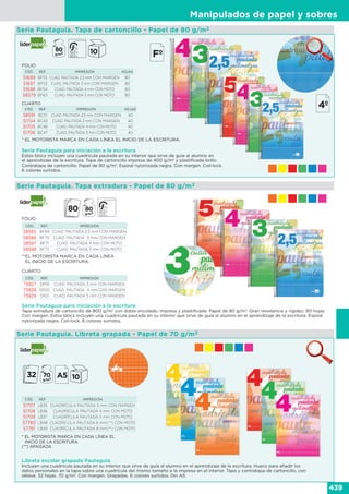 Manipulados de papel y sobres
439
Serie Pautaguía. Tapa de cartoncillo - Papel de 80 g/m2
Serie Pautaguía para iniciación a la escritura
Estos blocs incluyen una cuadrícula pautada en su interior que sirve de guía al alumno en
el aprendizaje de la escritura. Tapa de cartoncillo impresa de 400 g/m2
y plastificada brillo.
Contratapa de cartoncillo. Papel de 80 g/m2
. Espiral nylonizada negra. Con margen. Coil-lock.
6 colores surtidos.
* EL MOTORISTA MARCA EN CADA LÍNEA EL INICIO DE LA ESCRITURA.
CÓD. REF. IMPRESIÓN HOJAS
51699 BF55 CUAD. PAUTADA 2,5 mm CON MARGEN 80
51697 BF53 CUAD. PAUTADA 3 mm CON MARGEN 80
51698 BF54 CUAD. PAUTADA 4 mm CON MOTO 80
58579 BF63 CUAD. PAUTADA 5 mm CON MOTO 80
FOLIO
CUARTO
CÓD. REF. IMPRESIÓN HOJAS
58591 BC51 CUAD. PAUTADA 2,5 mm CON MARGEN 40
51704 BC45 CUAD. PAUTADA 3 mm CON MARGEN 40
51705 BC46 CUAD. PAUTADA 4 mm CON MOTO 40
51706 BC47 CUAD. PAUTADA 5 mm CON MOTO 40
CÓD. REF. IMPRESIÓN
58585 BF69 CUAD. PAUTADA 2.5 mm CON MARGEN
58586 BF70 CUAD. PAUTADA 3 mm CON MARGEN
58587 BF71 CUAD. PAUTADA 4 mm CON MOTO
58588 BF72 CUAD. PAUTADA 5 mm CON MOTO
CÓD. REF. IMPRESIÓN
73927 DR19 CUAD. PAUTADA 3 mm CON MARGEN
73928 DR20 CUAD. PAUTADA 4 mm CON MARGEN
73929 DR21 CUAD. PAUTADA 5 mm CON MARGEN
Serie Pautaguía para iniciación a la escritura
Tapa extradura de cartoncillo de 800 g/m2
con doble encolado, impresa y plastificada. Papel de 80 g/m2
. Gran resistencia y rigidez. 80 hojas.
Con margen. Estos blocs incluyen una cuadrícula pautada en su interior que sirve de guía al alumno en el aprendizaje de la escritura. Espiral
nylonizada negra. Coil-lock. 6 colores surtidos.
**EL MOTORISTA MARCA EN CADA LÍNEA
EL INICIO DE LA ESCRITURA.
FOLIO
CUARTO
Serie Pautaguía. Libreta grapada - Papel de 70 g/m2
Serie Pautaguía. Tapa extradura - Papel de 80 g/m2
Libreta escolar grapada Pautaguía
Incluyen una cuadrícula pautada en su interior que sirve de guía al alumno en el aprendizaje de la escritura. Hueco para añadir los
datos personales en la tapa sobre una cuadrícula del mismo tamaño a la impresa en el interior. Tapa y contratapa de cartoncillo, con
relieve. 32 hojas. 70 g/m2
. Con margen. Grapadas. 6 colores surtidos. Din A5.
CÓD. REF. IMPRESIÓN
51707 LB35 CUADRÍCULA PAUTADA 3 mm CON MARGEN
51708 LB36 CUADRÍCULA PAUTADA 4 mm CON MOTO
51709 LB37 CUADRÍCULA PAUTADA 5 mm CON MOTO
57780 LB48 CUADRÍCULA PAUTADA 6 mm(**) CON MOTO
57781 LB49 CUADRÍCULA PAUTADA 8 mm(**) CON MOTO
* EL MOTORISTA MARCA EN CADA LÍNEA EL
INICIO DE LA ESCRITURA
(**) APAISADA
 