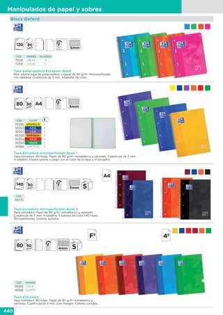 440
Manipulados de papel y sobres
CÓD. TAMAÑO TALADROS
72519 DIN A4 4
72518 DIN A5 6
Tapa polipropileno European Book
Bloc espiral tapa de polipropileno y papel de 90 g/m2
. Microperforado
con taladros. Cuadrícula de 5 mm. 4 bandas de color.
Tapa extradura microperforado Book 1
Tapa extradura. 80 hojas. Papel de 90 g/m2
, extrablanco y satinado. Cuadrícula de 5 mm.
4 taladros. Espiral simple a juego con el color de la tapa y el recuadro.
CÓD. COLOR
50356 AMARILLO 5
50353 AZUL 5
50357 LILA 5
50358 NARANJA 5
50354 ROJO 5
50355 VERDE 5
49369 SURTIDOS 3
Blocs Oxford
Tapa extradura microperforado Book 5
Tapa extradura. Papel de 90 g/m2
, extrablanco y satinado.
Cuadrícula de 5 mm. 4 taladros. 5 bandas de color. 140 hojas.
Microperforado. Colores surtidos.
CÓD.
49370
Tapa extradura
Ta