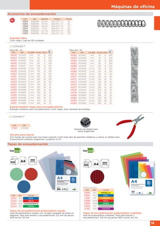 Máquinas de oﬁcina
19
Espirales Wire
Color negro. Caja de 100 unidades.
CÓD. REF. GROSOR MODELO HOJAS
43814 RG810410 6,3 mm Wire Nº 4 - 3:1 45
43815 RG810510 7,9 mm Wire Nº 5 - 3:1 60
43816 RG810610 9,6 mm Wire Nº 6 - 3:1 75
43817 RG810710 11 mm Wire Nº 7 - 3:1 90
43818 RG810810 12,7 mm Wire Nº 8 - 3:1 105
43819 RG810910 14,3 mm Wire Nº 9 - 3:1 125
Accesorios de encuadernación
Alicates para espiral
Con mango de caucho para una mejor sujeción. Corta todo tipo de espirales metálicos y realiza un doblez para
la terminación evitando enganches. Longitud: 13 cm.
Ejemplo de doblez para
evitar enganches
CÓD. REF.
37597 KF00198
Espiral metálico negro para encuadernadoras
Espirales metálicos para encuadernación. Color negro. Gran variedad de tamaños.
Paso 64 - 5:1.Paso 56 - 4:1.
CÓD. REF. CALIBRE HOJAS Ømm
44343 KF04413 1 mm 20 6 200
44344 KF04414 1 mm 40 8 200
44345 KF04415 1 mm 60 10 200
44346 KF04416 1 mm 80 12 200
44347 KF04417 1 mm 100 14 100
44348 KF04418 1,2 mm 120 16 100
44349 KF04419 1,2 mm 140 18 100
44350 KF04420 1,2 mm 160 20 100
44351 KF04421 1,2 mm 180 22 100
44352 KF04422 1,2 mm 200 24 100
44353 KF04423 1,2 mm 220 26 100
44354 KF04424 1,2 mm 240 28 50
44355 KF04685 1,2 mm 260 30 50
44356 KF04686 1,2 mm 280 32 50
44357 KF04687 1,2 mm 300 34 25
44358 KF04425 1,2 mm 320 36 25
44359 KF04426 1,2 mm 360 40 25
44360 KF04688 1,2 mm 400 44 25
44361 KF04689 1,2 mm 460 50 25
CÓD. REF. CALIBRE HOJAS Ømm
44362 KF04427 1 mm 20 6 200
44363 KF04428 1 mm 40 8 200
44364 KF04429 1 mm 60 10 200
44365 KF04430 1 mm 80 12 200
44366 KF04431 1 mm 100 14 100
44367 KF04432 1,2 mm 120 16 100
44368 KF04433 1,2 mm 140 18 100
44370 KF04435 1,2 mm 180 22 100
44371 KF04436 1,2 mm 200 24 100
44372 KF04437 1,2 mm 220 26 50
44373 KF04438 1,2 mm 240 28 50
44374 KF04439 1,2 mm 260 30 50
44375 KF04440 1,2 mm 280 32 50
44376 KF04441 1,2 mm 300 34 50
44378 KF04443 1,2 mm 340 38 25
44380 KF04460 1,2 mm 380 42 25
44382 KF04462 1,2 mm 420 46 25
44383 KF04477 1,2 mm 440 48 25
44384 KF04463 1,2 mm 460 50 25
Tapas de encuadernación polipropileno ondulado
Hoja de polipropileno ondulado. Tapa para dossier y
encuadernación. 0,8 mm de grosor. 800 micras. Din A4.
CÓD. REF. COLOR
53890 TA10 AMARILLO
53887 TA07 AZUL
53891 TA11 NARANJA
53888 TA08 ROJA
53889 TA09 VERDE
53892 TA12 TRANSPARENTE
57183 TA13 VIOLETA
Tapas de encuadernación
500
micras
TRASLÚCIDAS
Tapas de encuadernación polipropileno rayado
Hoja de polipropileno rayado, con un ligero grabado de líneas en
diagonal. Tapa para dossier y encuadernación. 0,5 mm de grosor.
500 micras. Din A4.
CÓD. REF. COLOR
22542 TE18 AZUL
44342 TE19 ROJA
22540 TE20 TRANSPARENTE
22543 TE21 VERDE
800
micras
 