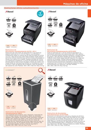 Máquinas de oﬁcina
33
Destructora de
documentos Autoalimentación AUTO+80X
Corte en partículas de 4 x 45 mm. Nivel de seguridad 3. La
alimentación automática de la destructora Auto+ 80X significa
que no necesitará esperar mientras la alimenta, ni extraer primero
las grapas o clips del papel. Papelera de 20 litros extraíble con
mirilla de visión. Podrá cargar hasta 80 hojas Din A4 y dejar que
continúe con el trabajo. También destruye tarjetas de crédito.
Destruye hasta 6 hojas a través de una ranura de alimentación
manual. Funciones de retroceso automática y manual. Modo
suspendido tras 2 minutos sin uso. Destruye tarjetas de crédito.
Funcionamiento muy silencioso < 60 DbA. Medidas:
395 x 295 x 430 mm. Peso: 10,4 kg.
CÓD. REF.
72136 2103080EU
80
Destructoras oficina autoalimentación
Destructora de
documentos Autoalimentación AUTO + 60 X
Destructora de nivel medio de seguridad Din 3 que destruye
papel en partículas de 4 x 45 mm. Para un uso doméstico,
simplemente cargue un máximo de 60 hojas de papel Din A4 de
una vez y deje que la Auto+ 60X haga el trabajo, puede destruir
de forma continua hasta 60 hojas en 6-8 minutos, ahorrándole un
tiempo muy valioso en su trabajo. Papelera extraíble de 15 litros
con ventana de visualización. La ranura de alimentación manual
permite destruir hasta 5 hojas de papel y tarjetas de crédito. Con
ruedas fáciles de maniobrar que facilitan su movilidad por casa o
la oficina, 2 años de garantía de la máquina, 5 años de garantía
del cabezal de corte. Medidas: 350 x 295 x 430 mm. Peso: 8,7 kg
CÓD. REF.
52841 2103060EU
60
Destructora de documentos
Autoalimentación Q8CC
Uso moderado para la oficina, casa o despacho. Capacidad de
corte: 8 hojas manual / 60 automática. Botón de encendido,
apagado, hacia delante, hacia atrás, modo automático. Destruye
grapas, clips, tarjetas de crédito y CDs. Corte en partículas de
4 x 30 mm. Corte en 520 piezas de un Din A4. Ancho de
entrada 225 mm. Destruye 2,4 m/minuto. Bajo nivel de ruido: 55
dB. Ciclo de corte: 10 min ON/45 minutos OFF. Consumo: 140
W. Capacidad papelera: 22 litros. Nivel de seguridad 4.
Medidas: 345 x 269 x 555 mm. Peso: 9,1 kg.
CÓD. REF.
72085 KF16374
60
Destructora de documentos
Autoalimentación AUTO+100M
Microcorte con alimentación automática. Papelera de 26 litros
de forma que se pueden cargar hasta 100 hojas Din A4 y dejar
que continúe con el trabajo. Microcorte de 2 x 15 mm, nivel de
seguridad P-5. Función de autoalimentación máximo de 100
hojas. Papelera de 26 litros de capacidad. Indicador de aviso de
puerta abierta/papelera llena y refrigeración. Funcionamiento
muy silencioso (< 60 dB). Destruye tarjetas de crédito. Medidas:
500 x 365 x 492 mm. Peso. 10,905 kg.
CÓD. REF.
72137 2104100EU
26litros
100
 