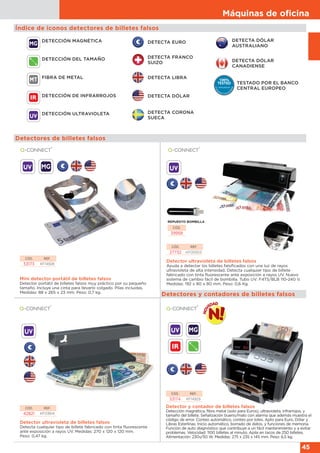 Máquinas de oﬁcina
45
UV
Detector ultravioleta de billetes falsos
Ayuda a detectar los billetes falsificados con una luz de rayos
ultravioleta de alta intensidad. Detecta cualquier tipo de billete
fabricado con tinta fluorescente ante exposición a rayos UV. Nuevo
sistema de cambio fácil de bombilla. Tubo UV: F4TS/BLB 110-240 V.
Medidas: 192 x 80 x 80 mm. Peso: 0,6 Kg.
CÓD. REF.
27732 KF00503
REPUESTO BOMBILLA
CÓD.
39958
€
€
UV UV
€
CÓD. REF.
42821 KF03614
CÓD. REF.
53174 KF14929
Detector ultravioleta de billetes falsos
Detecta cualquier tipo de billete fabricado con tinta fluorescente
ante exposición a rayos UV. Medidas: 270 x 120 x 120 mm.
Peso: 0,47 kg.
Detector y contador de billetes falsos
Detección magnética, fibra metal (solo para Euros), ultravioleta, infrarrojos, y
tamaño del billete. Señalización bueno/malo con alarma que además muestra el
código de error. Conteo automático, conteo por lotes. Apto para Euro, Dólar y
Libras Esterlinas. Inicio automático, borrado de datos, y funciones de memoria.
Función de auto diagnóstico que contribuye a un fácil mantenimiento y a evitar
problemas. Velocidad: 1100 billetes al minuto. Apila en tacos de 250 billetes.
Alimentación: 230v/50 W. Medidas: 275 x 235 x 145 mm. Peso: 6,5 kg.
€ DETECTA EURO
DETECTA FRANCO
SUIZO
DETECTA LIBRA
DETECTA DÓLAR
DETECTA DÓLAR
AUSTRALIANO
DETECTA CORONA
SUECA
DETECTA DÓLAR
CANADIENSE
TESTADO POR EL BANCO
CENTRAL EUROPEO
Euro
pean Central
Bank
100%
TESTED
www.ecb.int
Euro
pean Central
Bank
100%
TESTED
www.ecb.int
Euro
pean Central
Bank
100%
TESTED
www.ecb.int
Euro
pean Central
Bank
100%
TESTED
www.ecb.int
Euro
pean Central
Bank
100%
TESTED
www.ecb.int
Euro
pean Central
Bank
100%
TESTED
www.ecb.int
Euro
pean Central
Bank
100%
TESTED
www.ecb.int
Euro
pean Central
Bank
100%
TESTED
www.ecb.int
Euro
pean Central
Bank
100%
TESTED
www.ecb.int
Euro
pean Central
Bank
100%
TESTED
www.ecb.int
Euro
pean Central
Bank
100%
TESTED
www.ecb.int
Euro
pean Central
Bank
100%
TESTED
www.ecb.int
Euro
pean Central
Bank
100%
TESTED
www.ecb.int
Euro
pean Central
Bank
100%
TESTED
www.ecb.int
Euro
pean Central
Bank
100%
TESTED
www.ecb.int
Euro
pean Central
Bank
100%
TESTED
www.ecb.int
Euro
pean Central
Bank
100%
TESTED
www.ecb.int
Euro
pean Central
Bank
100%
TESTED
www.ecb.int
Euro
pean Central
Bank
100%
TESTED
www.ecb.int
Euro
pean Central
Bank
100%
TESTED
www.ecb.int
Euro
pean Central
Bank
100%
TESTED
www.ecb.int
Euro
pean Central
Bank
100%
TESTED
www.ecb.int
Euro
pean Central
Bank
100%
TESTED
www.ecb.int
Euro
pean Central
Bank
100%
TESTED
www.ecb.int
Euro
pean Central
Bank
100%
TESTED
www.ecb.int
Mini detector portátil de billetes falsos
Detector portátil de billetes falsos muy práctico por su pequeño
tamaño. Incluye una cinta para llevarlo colgado. Pilas incluidas.
Medidas: 88 x 265 x 23 mm. Peso: 0,7 kg.
CÓD. REF.
53173 KF14928
DETECCIÓN MAGNÉTICA
MG
MG
MG
UV €
Índice de iconos detectores de billetes falsos
Detectores de billetes falsos
Detectores y contadores de billetes falsos
DETECCIÓN DEL TAMAÑO
MT FIBRA DE METAL
IR DETECCIÓN DE INFRARROJOS
UV DETECCIÓN ULTRAVIOLETA
IR
 