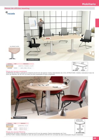 Mobiliario
49
Mesas de reunión Meeting
SUPERFICIE DE MESA: realizada en melamina de 25 mm de espesor. Cantos redondeados de 2 mm.
ESTRUCTURA: metálica realizada en tubo de acero de diámetro 100-120 mm con base de acero estampado de gran estabilidad.
ALUMINIO-HAYA
Mesas de reunión modulares
SUPERFICIE DE MESA: realizada en melamina de 25 mm de espesor. Cantos redondeados de 2 mm. ESTRUCTURA: metálica realizada en tubo de
acero de diámetro de 120 mm con base de acero estampado de gran estabilidad
CÓDIGO REF. MEDIDAS
ALUMINIO
HAYA
ANCHO x FONDO x ALTO
44208 3003 220 x 100 x 72 cm
100
72
220
Mesas de oficina meeting
CÓDIGO REF. MEDIDAS
ALUMINIO
HAYA
DIÁMETRO x ALTO
44211 3005 100 Ø x 72 cm
44214 3006 120 Ø x 72 cm
ALUMINIO-HAYA
ALUMINIO-HAYA
ref. 3003
ref. 3005-3006
50
72
ø100-120
 