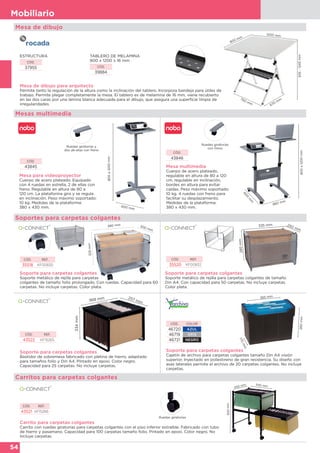 54
Mobiliario
800a1200mm
600 mm
Mesa para videoproyector
Cuerpo de acero plateado. Equipado
con 4 ruedas en estrella, 2 de ellas con
freno. Regulable en altura de 80 a
120 cm. La plataforma gira y se regula
en inclinación. Peso máximo soportado:
10 kg. Medidas de la plataforma:
380 x 430 mm.
Mesa multimedia
Cuerpo de acero plateado,
regulable en altura de 80 a 120
cm, regulable en inclinación,
bordes en altura para evitar
caídas. Peso máximo soportado:
10 kg. 4 ruedas con freno para
facilitar su desplazamiento.
Medidas de la plataforma:
380 x 430 mm.
800a1200mm
860 mm
600
m
m
CÓD.
43845
CÓD.
43846
Ruedas giratorias
con freno
Ruedas giratorias y
dos de ellas con freno
Mesa de dibujo
Mesa de dibujo para arquitecto
Permite tanto la regulación de la altura como la inclinación del tablero. Incorpora bandeja para útiles de
trabajo. Permite plegar completamente la mesa. El tablero es de melamina de 16 mm, viene recubierto
en las dos caras por una lámina blanca adecuada para el dibujo, que asegura una superficie limpia de
irregularidades.
TABLERO DE MELAMINA
800 x 1200 x 16 mm
CÓD.
39884
ESTRUCTURA
CÓD.
37955
750 mm
670
mm
800 mm
1200 mm
935-1245mm
Carrito para carpetas colgantes
Carrito con ruedas giratorias para carpetas colgantes con el piso inferior extraíble. Fabricado con tubo
de hierro y pasamano. Capacidad para 100 carpetas tamaño folio. Pintado en epoxi. Color negro. No
incluye carpetas.
540 mm
450 mm
650mm
CÓD. REF.
43521 KF15266
Ruedas giratorias
Mesas multimedia
Soporte para carpetas colgantes
Cajetín de archivo para carpetas colgantes tamaño Din A4 visión
superior. Inyectado en poliestireno de gran resistencia. Su diseño con
asas laterales permite el archivo de 20 carpetas colgantes. No incluye
carpetas.
260mm
170mm
365 mm
CÓD. COLOR
46720 AZUL
46719 GRIS
46721 NEGRO
Soporte para carpetas colgantes
Bastidor de sobremesa fabricado con pletina de hierro, adaptado
para tamaños folio y Din A4. Pintado en epoxi. Color negro.
Capacidad para 25 carpetas. No incluye carpetas.
Soporte para carpetas colgantes
Soporte metálico de rejilla para carpetas colgantes de tamaño
Din A4. Con capacidad para 50 carpetas. No incluye carpetas.
Color plata.
335 mm
285mm
250 mm
368 mm
334mm
257 mm
CÓD. REF.
35520 KF00832
CÓD. REF.
43522 KF15265
Soportes para carpetas colgantes
Carritos para carpetas colgantes
Soporte para carpetas colgantes
Soporte metálico de rejilla para carpetas
colgantes de tamaño folio prolongado. Con ruedas. Capacidad para 60
carpetas. No incluye carpetas. Color plata.
CÓD. REF.
35518 KF00830
325mm
380 mm 300 mm
 