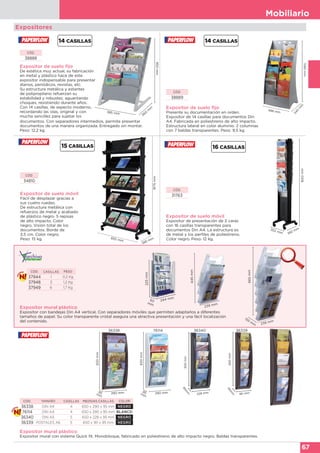 Mobiliario
67
Expositor de suelo fijo
De estética muy actual, su fabricación
en metal y plástico hace de este
expositor indispensable para presentar
diarios, periódicos, revistas, etc.
Su estructura metálica y estantes
de polipropileno refuerzan su
estabilidad y robustez, aguantando
choques, resistiendo durante años.
Con 14 casillas, de aspecto moderno,
recordando las olas, original y con
mucha sencillez para sujetar los
950mm
585 mm
560
m
m
CÓD.
38888
340
m
m
488 mm
1082mm
Expositor de suelo fijo
Presente su documentación en orden.
Expositor de 14 casillas para documentos Din
A4. Fabricada en poliestireno de alto impacto.
Estructura lateral en color aluminio. 2 columnas
con 7 baldas transparentes. Peso: 9,5 kg.
CÓD.
38889
Expositor de suelo móvil
Fácil de desplazar gracias a
sus cuatro ruedas.
De estructura metálica con
refuerzos de metal y acabado
de plástico negro. 5 repisas
de alto impacto. Color
negro. Visión total de los
documentos. Borde de
3,5 cm. Color negro.
Peso: 15 kg.
CÓD.
34810
855 mm
385 mm
1675mm
Expositores
Expositor de suelo móvil
Expositor de presentación de 2 caras
con 16 casillas transparentes para
documentos Din A4. La estructura es
de metal y los perfiles de poliestireno.
Color negro. Peso: 12 kg.
CÓD.
31763
302 mm 382 mm
1650mm
documentos. Con separadores intermedios, permite presentar
documentos de una manera organizada. Entregado sin montar.
Peso: 12,2 kg.
Expositor mural plástico
Expositor con bandejas Din A4 vertical. Con separadores móviles que permiten adaptarlos a diferentes
tamaños de papel. Su color transparente cristal asegura una atractiva presentación y una fácil localización
del contenido.
665mm
239 mm
155
m
m
445mm
239 mm
225mm
244 mm50
mm
244 mm
CÓD. CASILLAS PESO
37944 1 0,2 Kg
37948 3 1,2 Kg
37949 6 1,7 Kg
Expositor mural plástico
Expositor mural con sistema Quick fit. Monobloque, fabricado en poliestireno de alto impacto negro. Baldas transparentes.
CÓD. TAMAÑO CASILLAS MEDIDAS CASILLAS COLOR
36338 DIN A4 4 650 x 290 x 95 mm NEGRO
76114 DIN A4 4 650 x 290 x 95 mm BLANCO
36340 DIN A5 5 650 x 228 x 95 mm NEGRO
36339 POSTALES A6 5 650 x 181 x 95 mm NEGRO
650mm
181 mm
95m
m
36339
650mm
228 mm
95m
m
36340
650mm
290 mm95mm
95mm
36338
650mm
290 mm
76114
 