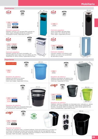 Mobiliario
69
Ceniceros
Cenicero papelera
Papelera cenicero con recogecolillas pintado en
epoxi negro. Embellecedores en su abertura
rectangular frontal. Capacidad 24 litros.
650mm
180 mm
180
m
m
CÓD. COLOR
23335 AZUL
23345 BLANCO
23332 NEGRO
Cenicero papelera
Acero inoxidable. Recogecolillas
epoxi negro. Aro inferior de PVC.
Color negro. Capacidad 24 litros.
650mm
215 mm
CÓD.
23283
Cenicero metálico
Cenicero metálico, de exterior, para
rellenar con arena. Con posibilidad
de atornillar al suelo.
245 mm 300 mm
770mm
CÓD. COLOR
46736 NEGRO
46735 METÁLICO
Cenicero papelera
Papelera cenicero de acero inoxidable, con
recogecolillas epoxi negro. Con aro inferior de PVC.
Disponible en varios colores. Capacidad 40 litros.
670mm
310 mm
190
m
m
CÓD. COLOR
23700 BLANCO
23698 NEGRO
46727 PLATA
Papeleras
Papelera de plástico
Papelera rectangular de plástico muy
resistente fabricado en polipropileno.
Color gris. Capacidad 10 litros.
335mm
280 mm 230
m
m
CÓD.
23352
Papelera de plástico
Papelera de plástico en colores
translúcidos muy resistentes.
Color azul índigo. Capacidad 10 litros.
275mm
250 mm
CÓD.
33186
Papelera de plástico
Papelera de rejilla muy resistente fabricada
en poliestireno. Capacidad 15 litros.
275mm
275 mm
CÓD. COLOR
20344 AZUL
20342 NEGRO
Papelera de plástico
Papelera práctica y elegante con decorado único gravado en relieve,
formado por ondas haciendo contraste. Fabricada en polipropileno
flexible y resistente 100% reciclable. Su amplio borde garantiza una
buena manejabilidad. Capacidad 15 litros.
CÓD. COLOR
72224 AZUL
72223 NEGRO
72225 VERDE
323mm
363 mm
300 mm
Papelera de plástico
Papelera de contraste mate y acabado brillante. Forma de media luna y curvada con
la entrada inclinada que la hace muy cómoda. Sistema de clic que permite unirla
para crear un conjunto de reciclado. Productos ecológicos. Más de 90% de material
reciclado. 100% reciclable. Capacidad: 15 litros.
CÓD. COLOR
57159 BLANCO
57160 NEGRO
380mm
318 mm
 
