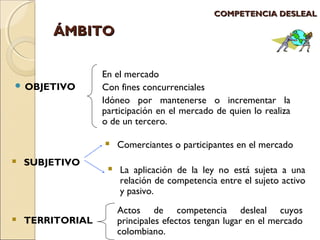 ÁÁMMBBIITTOO 
CCOOMMPPEETTEENNCCIIAA DDEESSLLEEAALL 
OBJETIVO 
En el mercado 
Con fines concurrenciales 
Idóneo por mantenerse o incrementar la 
participación en el mercado de quien lo realiza 
o de un tercero. 
 SUBJETIVO 
 Comerciantes o participantes en el mercado 
 La aplicación de la ley no está sujeta a una 
relación de competencia entre el sujeto activo 
y pasivo. 
 TERRITORIAL 
Actos de competencia desleal cuyos 
principales efectos tengan lugar en el mercado 
colombiano. 
 