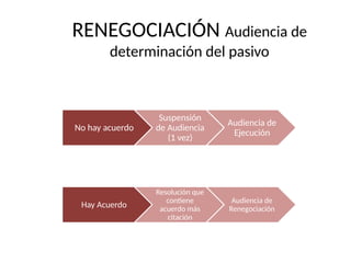 RENEGOCIACIÓN Audiencia de
determinación del pasivo
No hay acuerdo
Suspensión
de Audiencia
(1 vez)
Audiencia de
Ejecución
Hay Acuerdo
Resolución que
contiene
acuerdo más
citación
Audiencia de
Renegociación
 
