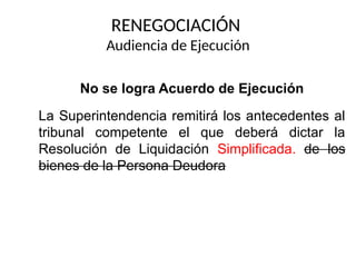 No se logra Acuerdo de Ejecución
La Superintendencia remitirá los antecedentes al
tribunal competente el que deberá dictar la
Resolución de Liquidación Simplificada. de los
bienes de la Persona Deudora
RENEGOCIACIÓN
Audiencia de Ejecución
 