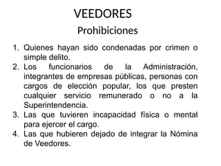 VEEDORES
Prohibiciones
1. Quienes hayan sido condenadas por crimen o
simple delito.
2. Los funcionarios de la Administración,
integrantes de empresas públicas, personas con
cargos de elección popular, los que presten
cualquier servicio remunerado o no a la
Superintendencia.
3. Las que tuvieren incapacidad física o mental
para ejercer el cargo.
4. Las que hubieren dejado de integrar la Nómina
de Veedores.
 