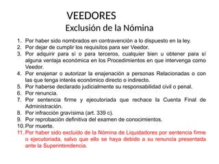 VEEDORES
Exclusión de la Nómina
1. Por haber sido nombrados en contravención a lo dispuesto en la ley.
2. Por dejar de cumplir los requisitos para ser Veedor.
3. Por adquirir para sí o para terceros, cualquier bien u obtener para sí
alguna ventaja económica en los Procedimientos en que intervenga como
Veedor.
4. Por enajenar o autorizar la enajenación a personas Relacionadas o con
las que tenga interés económico directo o indirecto.
5. Por haberse declarado judicialmente su responsabilidad civil o penal.
6. Por renuncia.
7. Por sentencia firme y ejecutoriada que rechace la Cuenta Final de
Administración.
8. Por infracción gravísima (art. 339 c).
9. Por reprobación definitiva del examen de conocimientos.
10.Por muerte.
11. Por haber sido excluido de la Nómina de Liquidadores por sentencia firme
o ejecutoriada, salvo que ello se haya debido a su renuncia presentada
ante la Superintendencia.
 
