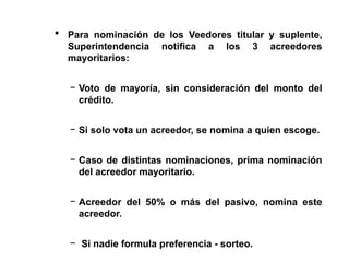  Para nominación de los Veedores titular y suplente,
Superintendencia notifica a los 3 acreedores
mayoritarios:
− Voto de mayoría, sin consideración del monto del
crédito.
− Si solo vota un acreedor, se nomina a quien escoge.
− Caso de distintas nominaciones, prima nominación
del acreedor mayoritario.
− Acreedor del 50% o más del pasivo, nomina este
acreedor.
− Si nadie formula preferencia - sorteo.
 