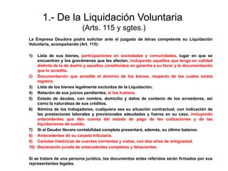 1.- De la Liquidación Voluntaria
(Arts. 115 y sgtes.)
La Empresa Deudora podrá solicitar ante el juzgado de letras competente su Liquidación
Voluntaria, acompañando (Art. 115):
1) Lista de sus bienes, participaciones en sociedades y comunidades, lugar en que se
encuentran y los gravámenes que les afectan, incluyendo aquellos que tenga en calidad
distinta de la de dueño y aquellos constituidos en garantía a su favor y la documentación
que lo acredite.
2) Documentación que acredite el dominio de los bienes, respecto de los cuales exista
registro.
3) Lista de los bienes legalmente excluidos de la Liquidación.
4) Relación de sus juicios pendientes, si los hubiera.
5) Estado de deudas, con nombre, domicilio y datos de contacto de los acreedores, así
como la naturaleza de sus créditos.
6) Nómina de los trabajadores, cualquiera sea su situación contractual, con indicación de
las prestaciones laborales y previsionales adeudadas y fueros en su caso, incluyendo
antecedentes que den cuenta del estado de pago de las cotizaciones y de las
liquidaciones de sueldo.
7) Si el Deudor llevare contabilidad completa presentará, además, su último balance.
8) Antecedentes de su carpeta tributaria.
9) Cartolas históricas de cuentas corrientes y vistas, con dos años de antigüedad.
10) Declaración jurada de antecedentes completos y fehacientes.
Si se tratare de una persona jurídica, los documentos antes referidos serán firmados por sus
representantes legales.
 