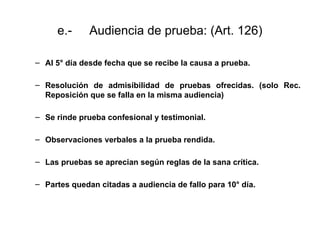 e.- Audiencia de prueba: (Art. 126)
– Al 5° día desde fecha que se recibe la causa a prueba.
– Resolución de admisibilidad de pruebas ofrecidas. (solo Rec.
Reposición que se falla en la misma audiencia)
– Se rinde prueba confesional y testimonial.
– Observaciones verbales a la prueba rendida.
– Las pruebas se aprecian según reglas de la sana crítica.
– Partes quedan citadas a audiencia de fallo para 10° día.
 