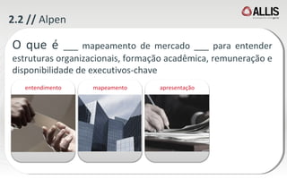 2.2 //  Alpen  O que é  ___  mapeamento de mercado ___ para entender estruturas organizacionais, formação acadêmica, remuneração e disponibilidade de executivos-chave entendimento mapeamento apresentação 